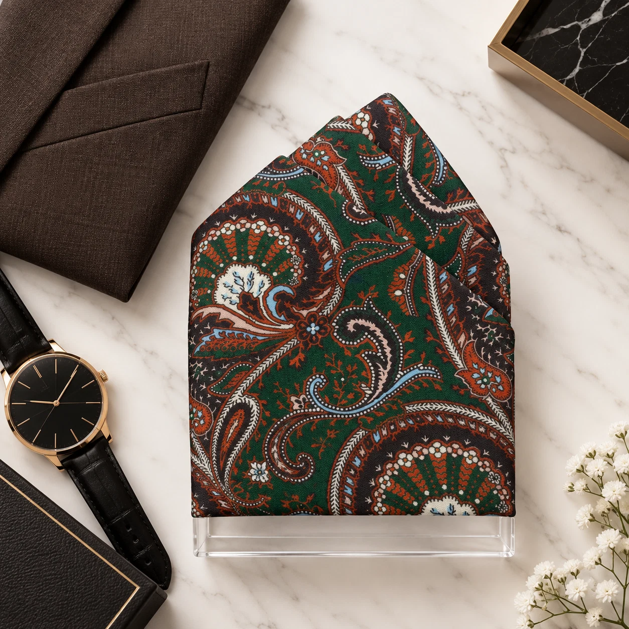 Forest Burgundy Paisley Designer Pre-Fold Pocket Square