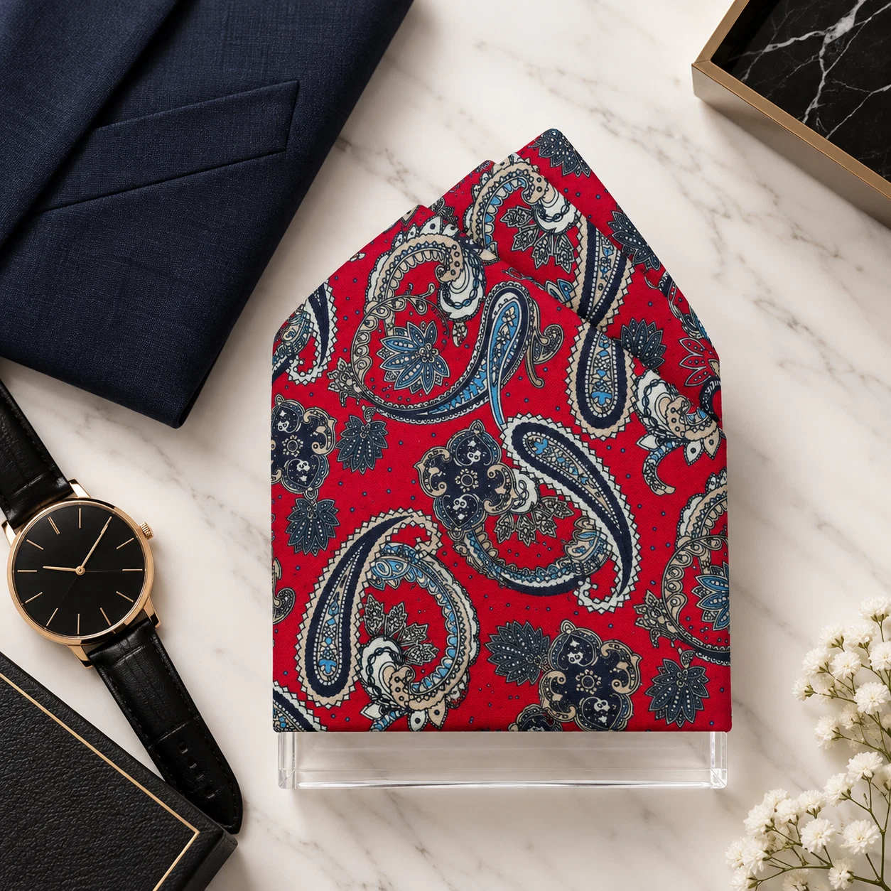 Ruby Slate Paisley Designer Pre-Fold Pocket Square