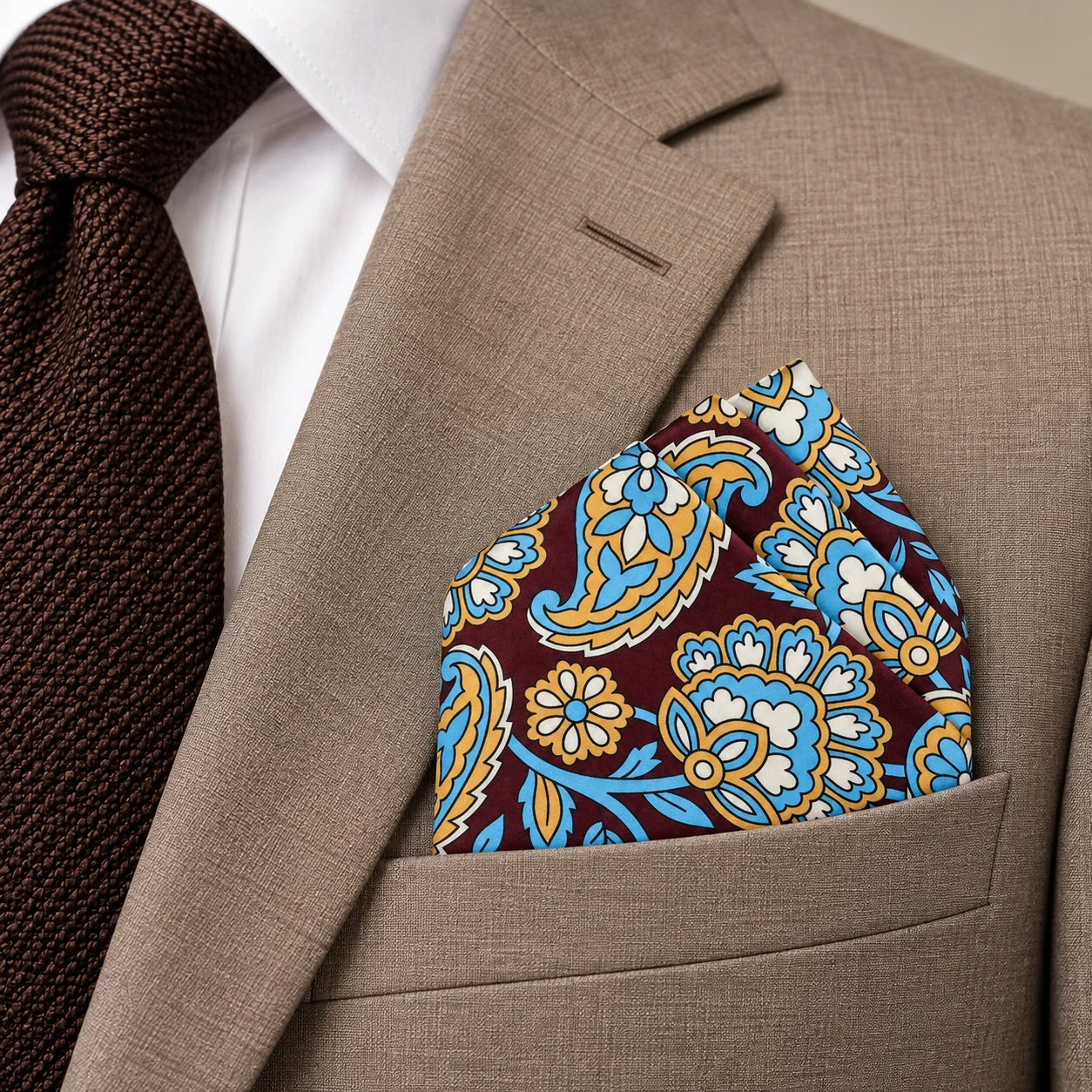 Cobalt Amber Floral Designer Pre-Fold Pocket Square