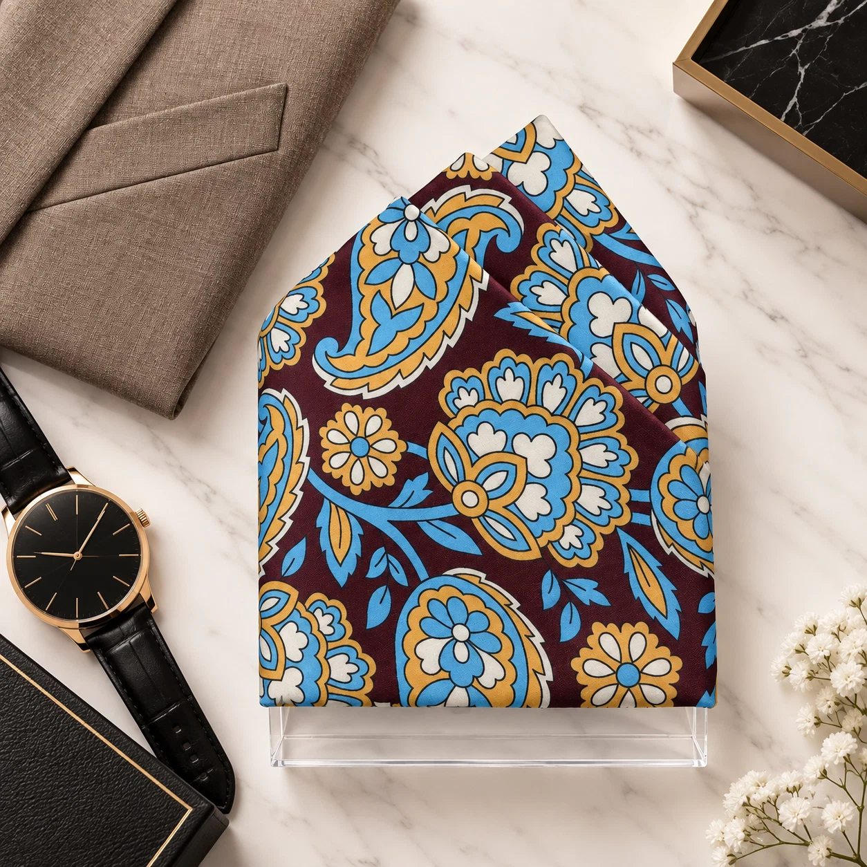Cobalt Amber Floral Designer Pre-Fold Pocket Square