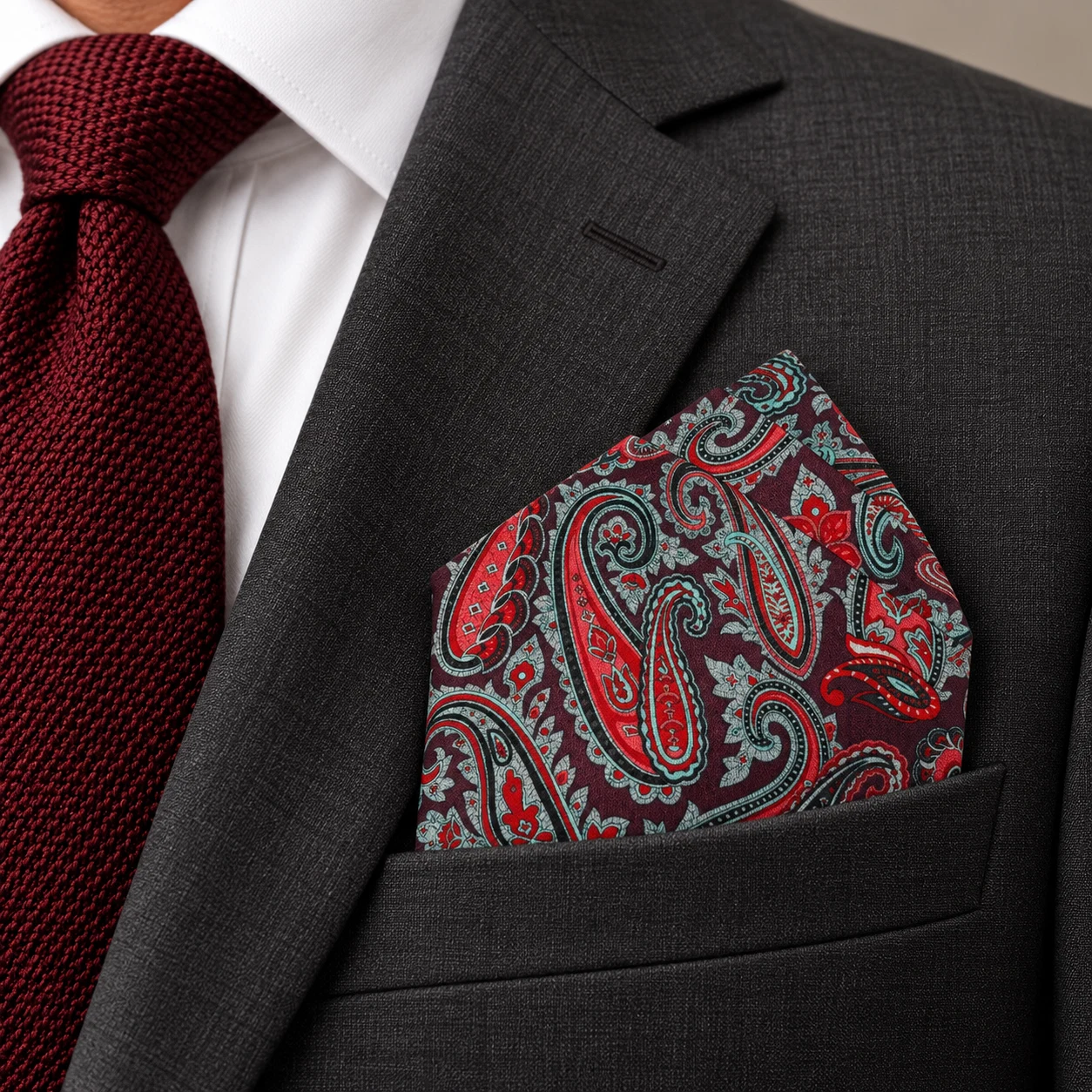 Charcoal Crimson Paisley Designer Pre-Fold Pocket Square