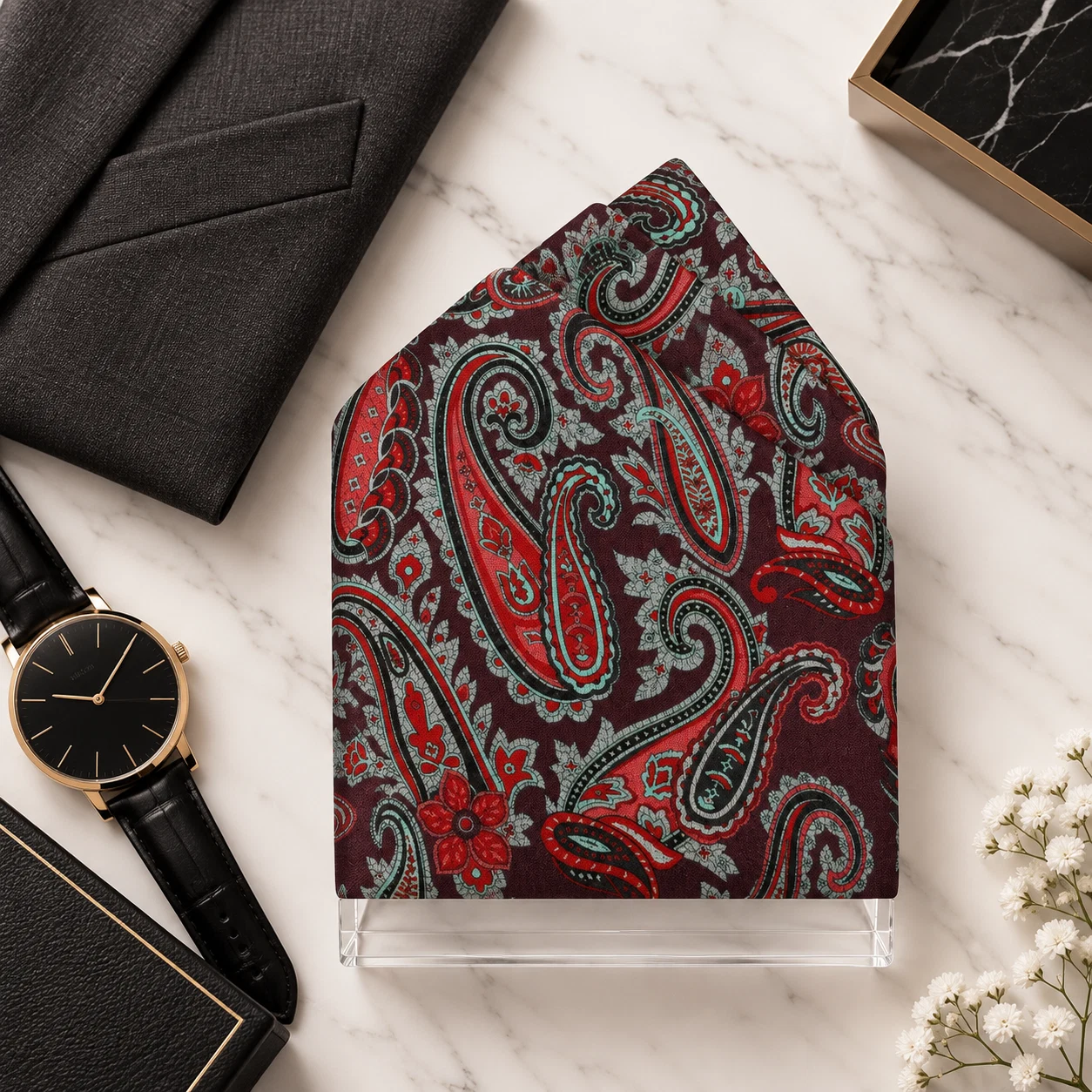 Charcoal Crimson Paisley Designer Pre-Fold Pocket Square