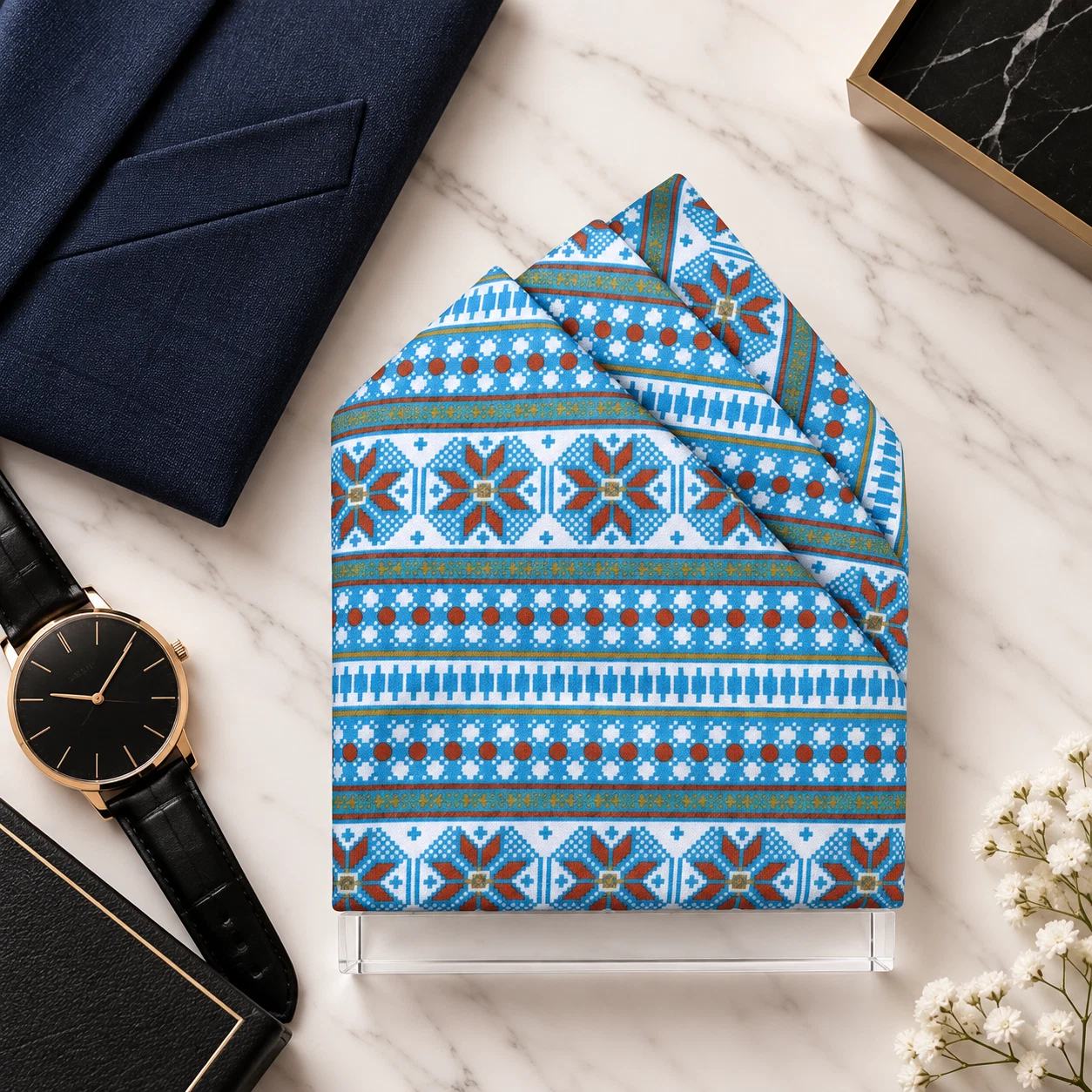 Aqua Heritage Stripe Designer Pre-Fold Pocket Square