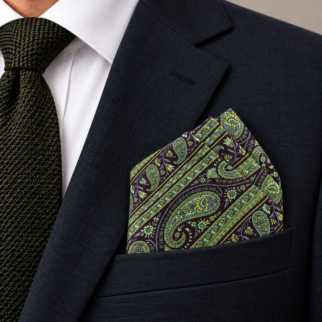 Olive Heritage Paisley Designer Pre-Fold Pocket Square