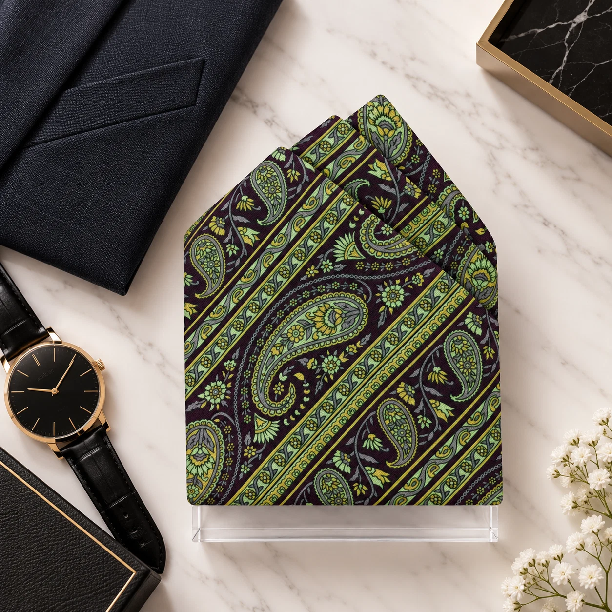 Olive Heritage Paisley Designer Pre-Fold Pocket Square
