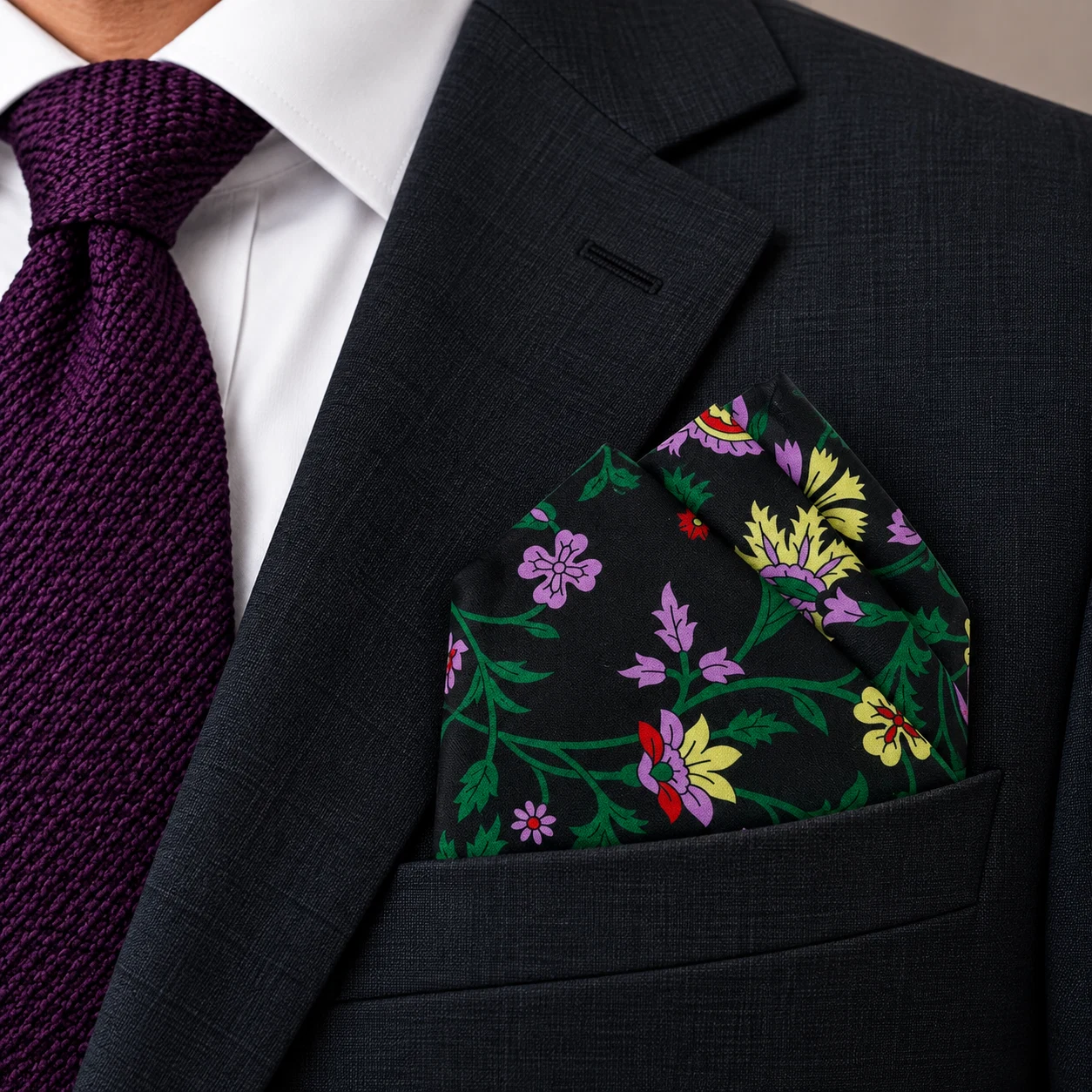 Noir Garden Floral Designer Pre-Fold Pocket Square
