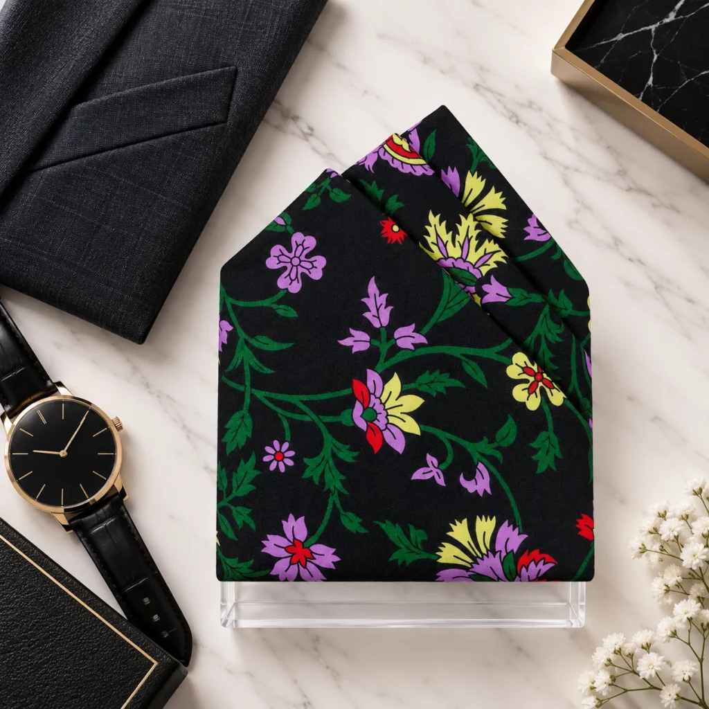 Noir Garden Floral Designer Pre-Fold Pocket Square