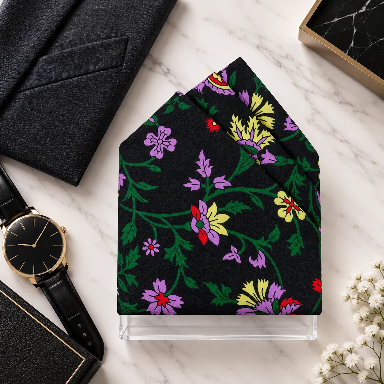 Noir Garden Floral Designer Pre-Fold Pocket Square