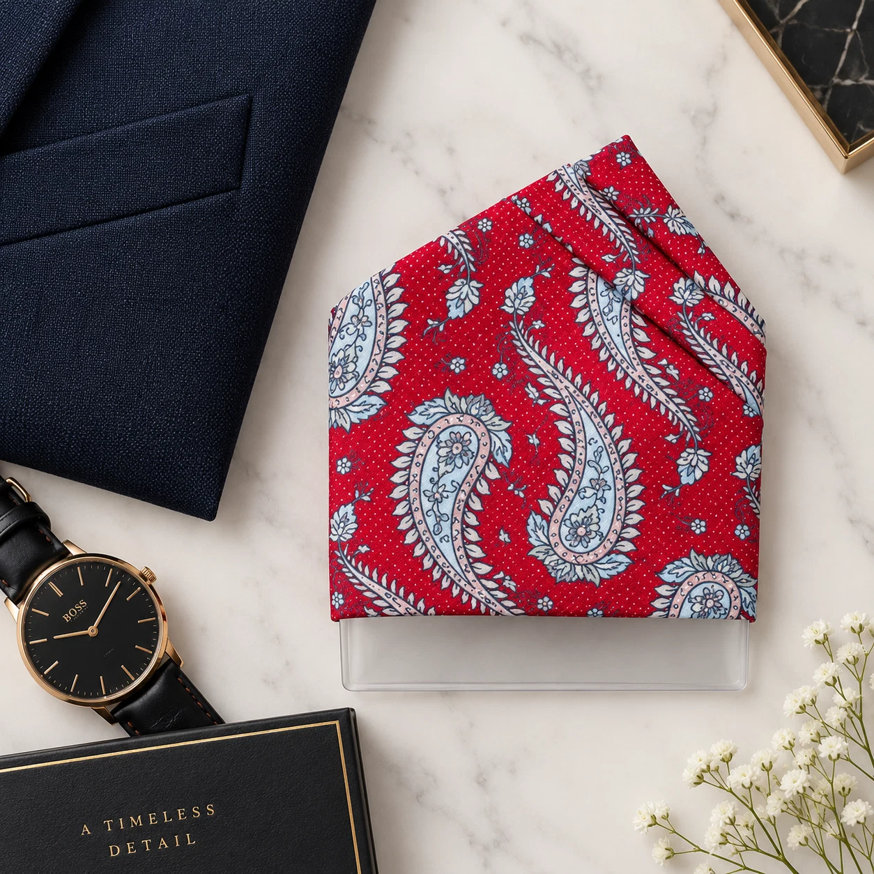 Vermilion Silver Paisley Designer Pre-Fold Pocket Square