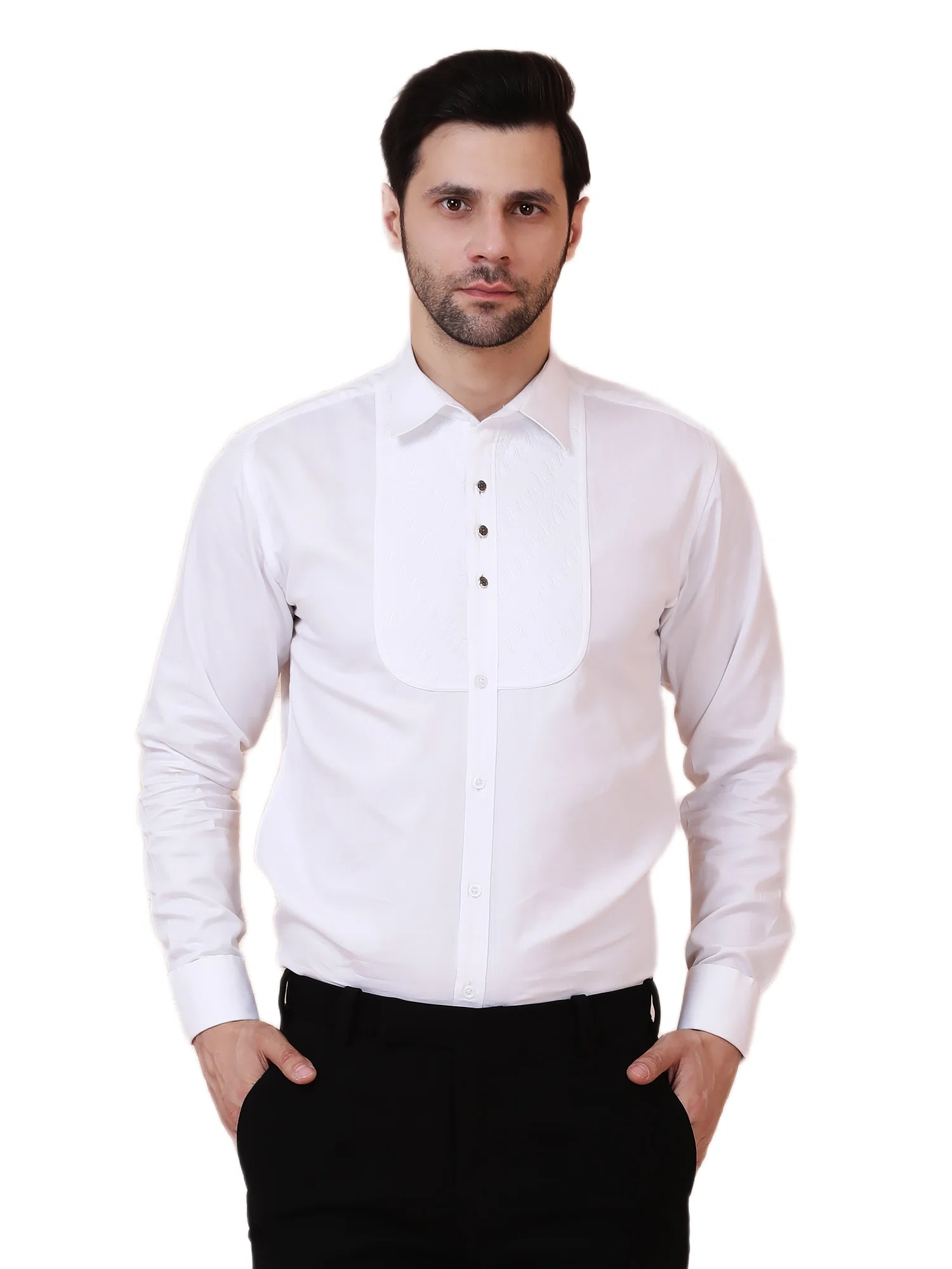 LUXE TEXTURED PANEL TUXEDO SHIRT – WHITE