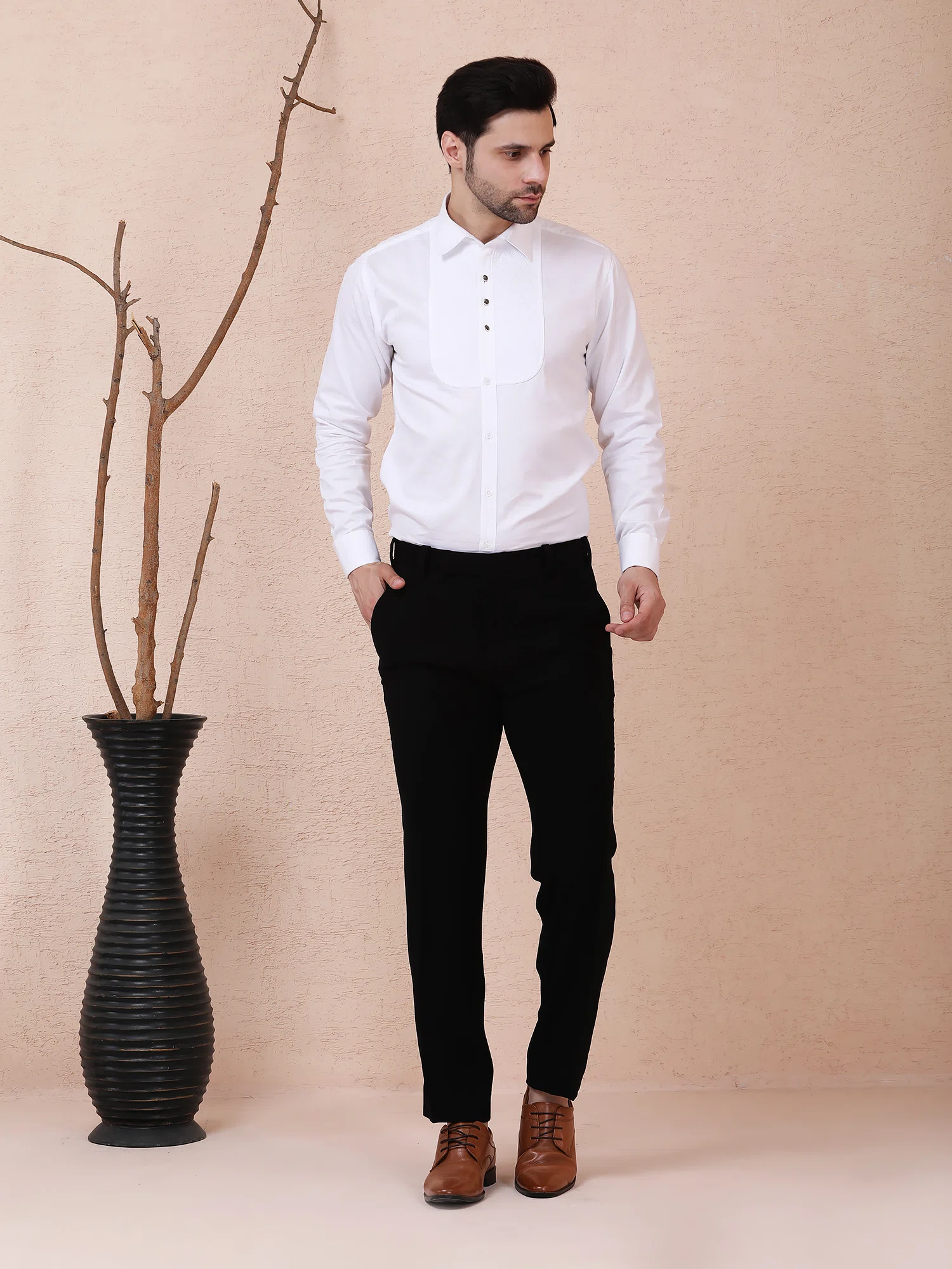 LUXE TEXTURED PANEL TUXEDO SHIRT – WHITE