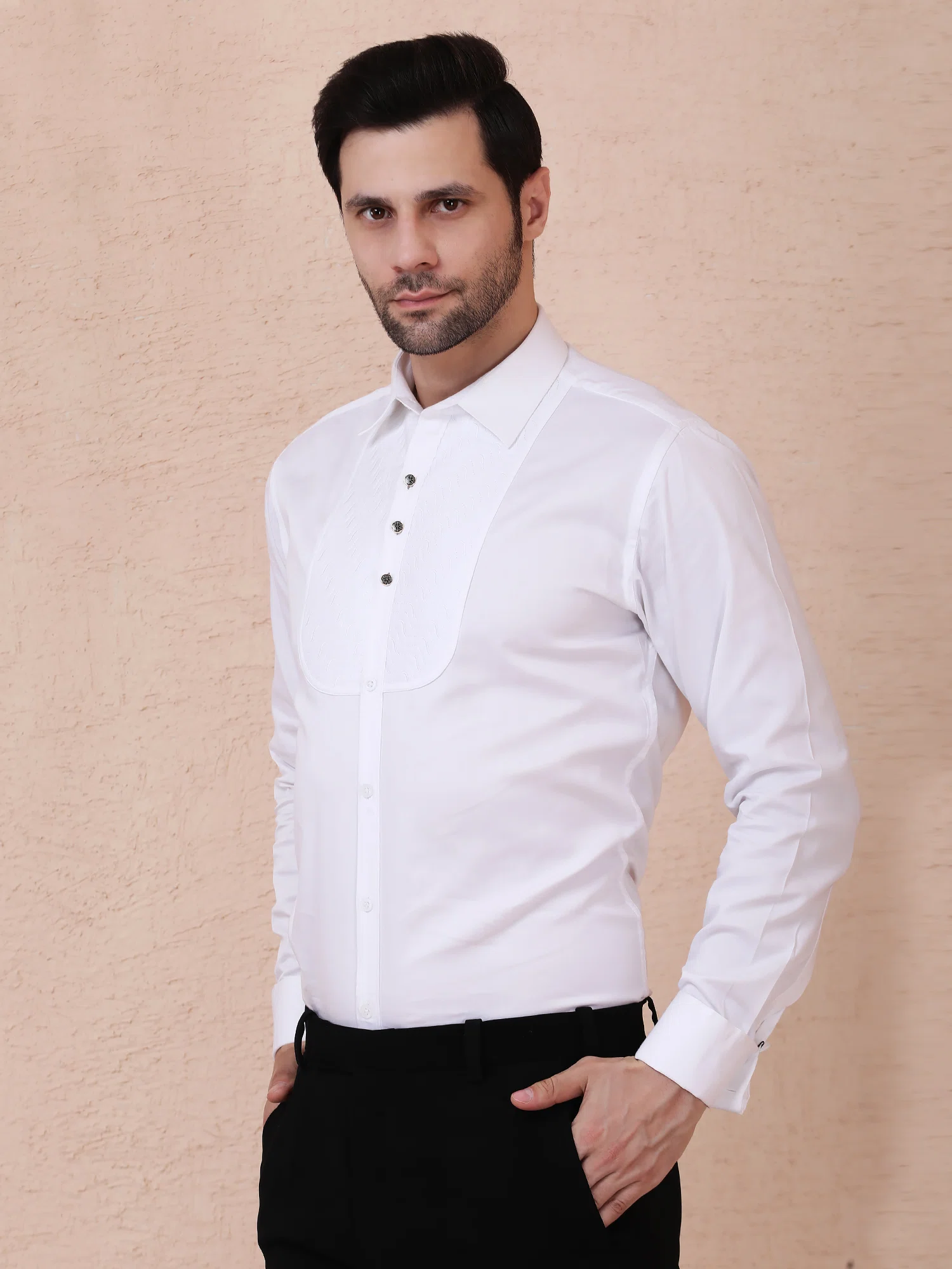 LUXE TEXTURED PANEL TUXEDO SHIRT – WHITE