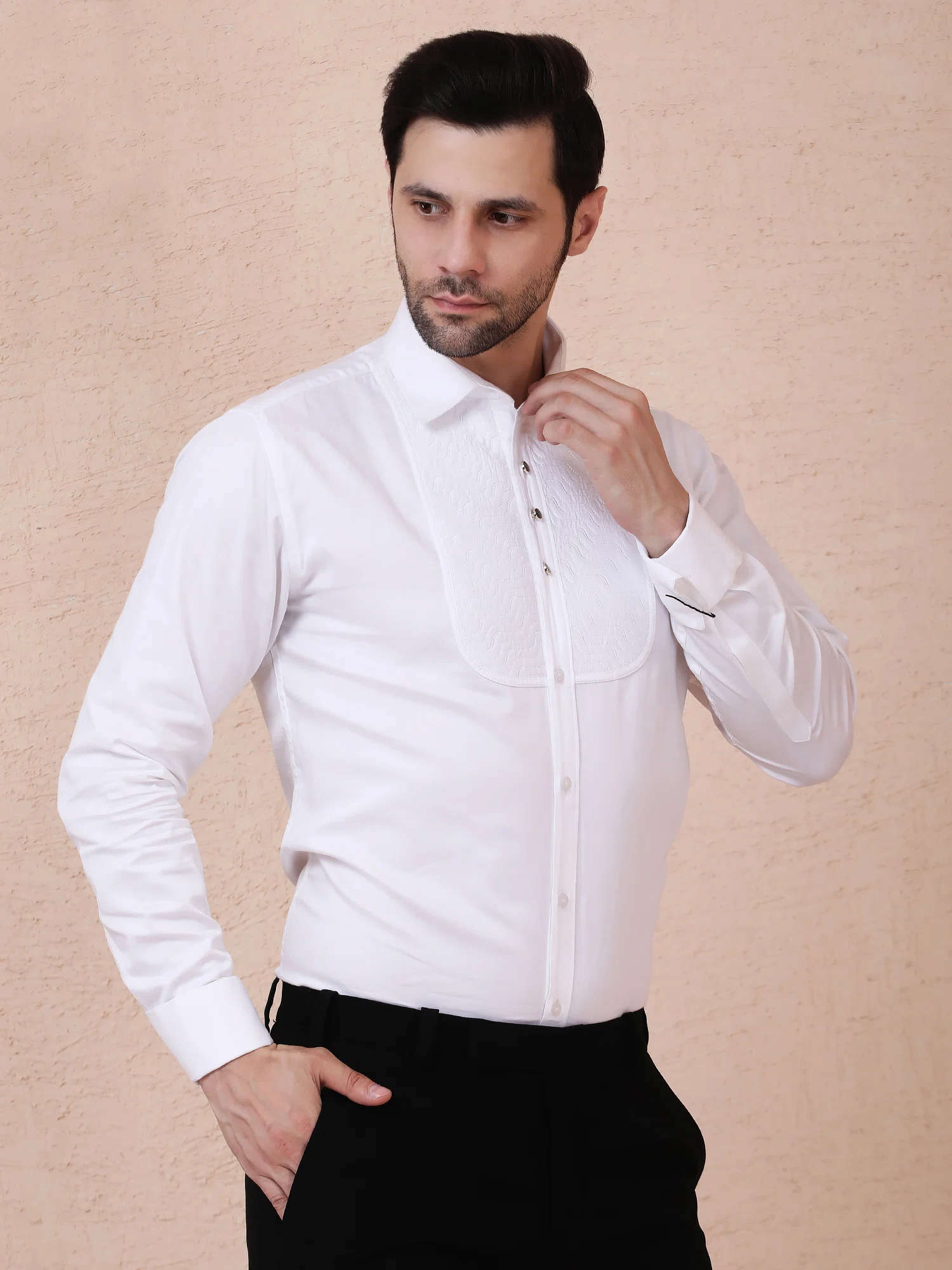 LUXE TEXTURED PANEL TUXEDO SHIRT – WHITE