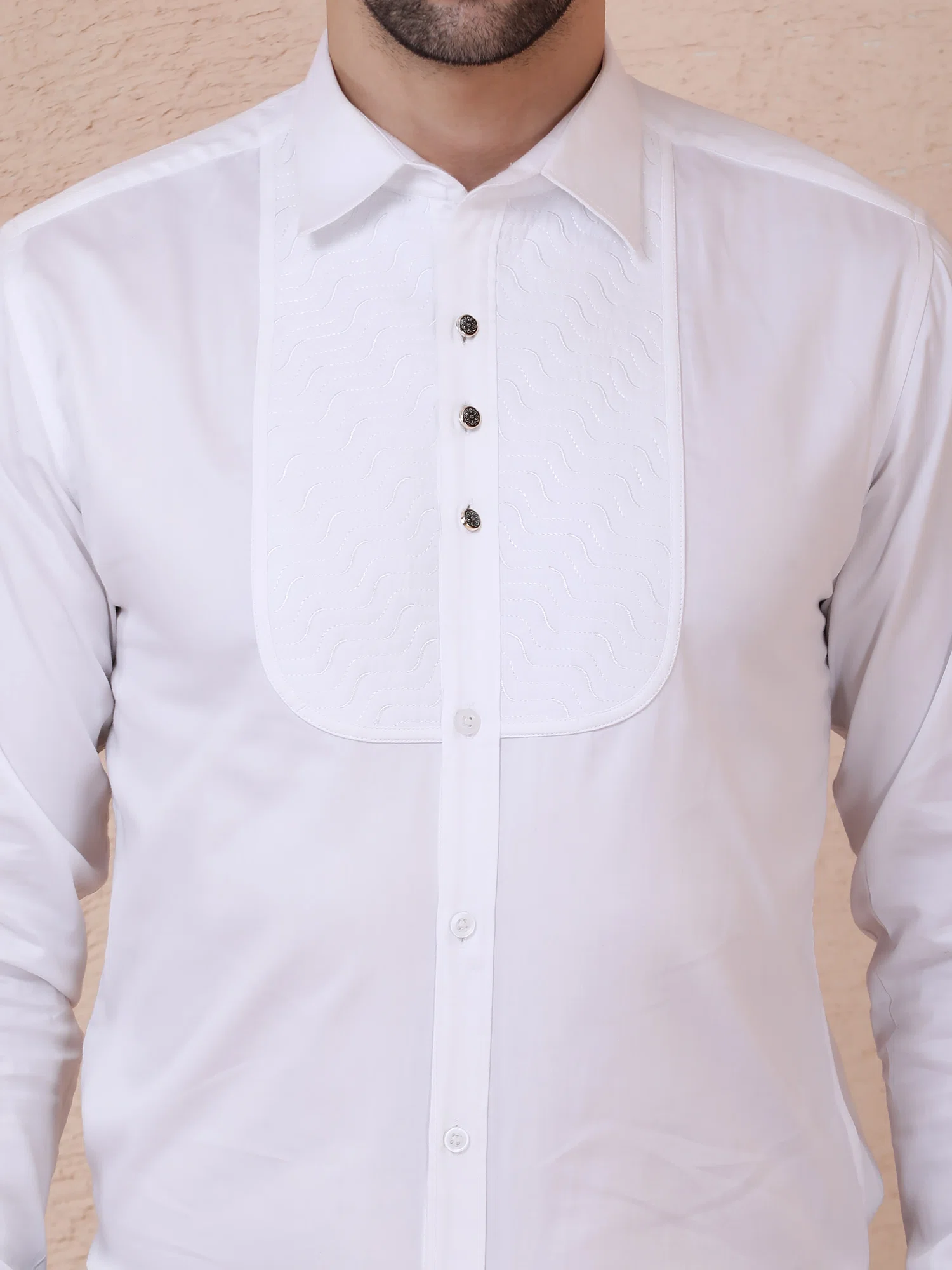 LUXE TEXTURED PANEL TUXEDO SHIRT – WHITE