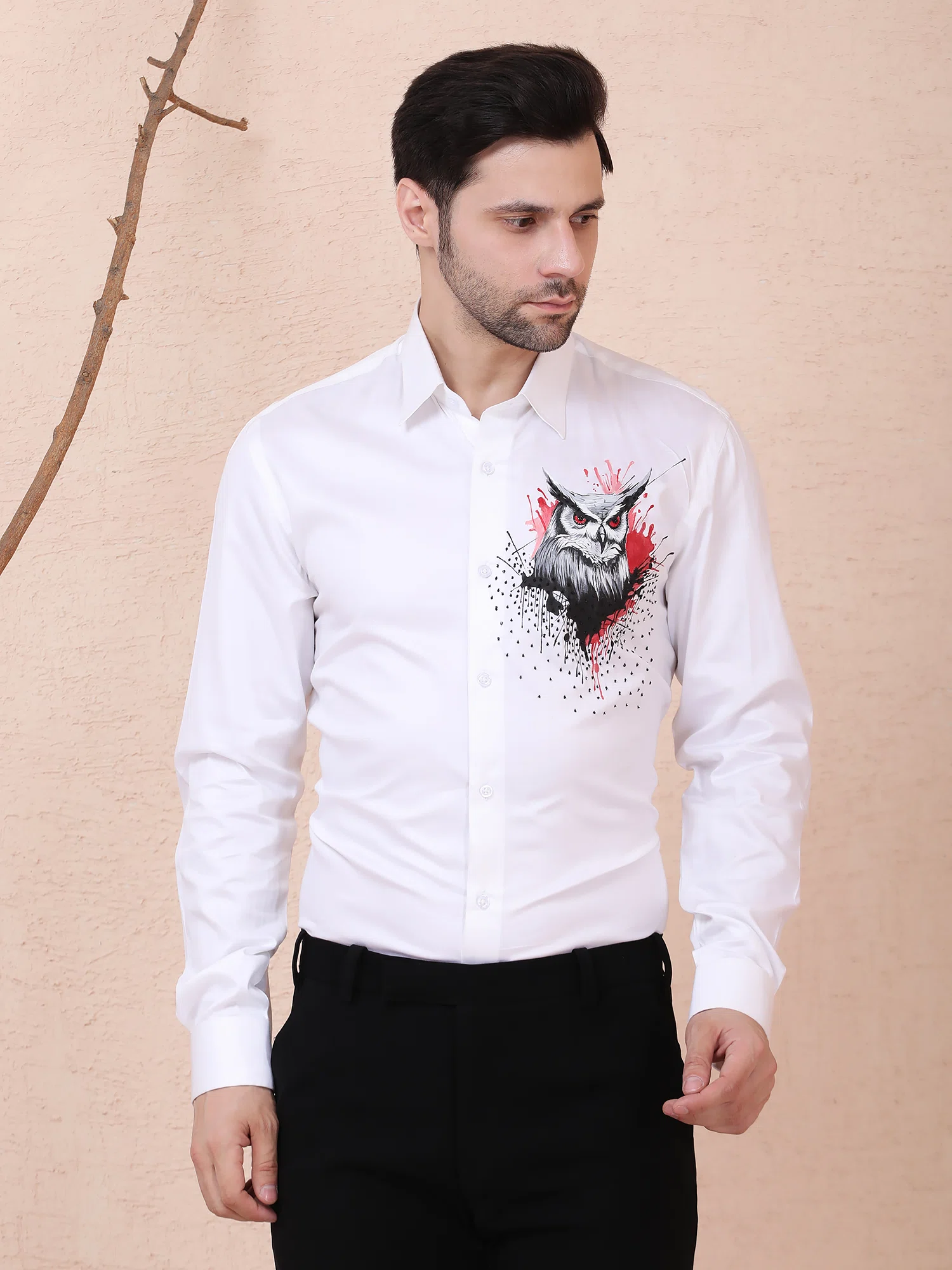 MYSTIC OWL – HANDPAINTED DESIGNER SHIRT – WHITE