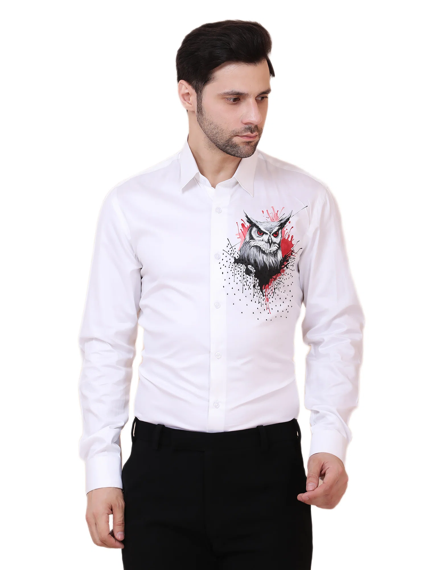MYSTIC OWL – HANDPAINTED DESIGNER SHIRT – WHITE