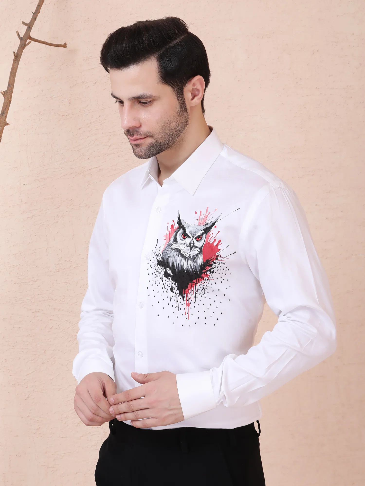 MYSTIC OWL – HANDPAINTED DESIGNER SHIRT – WHITE