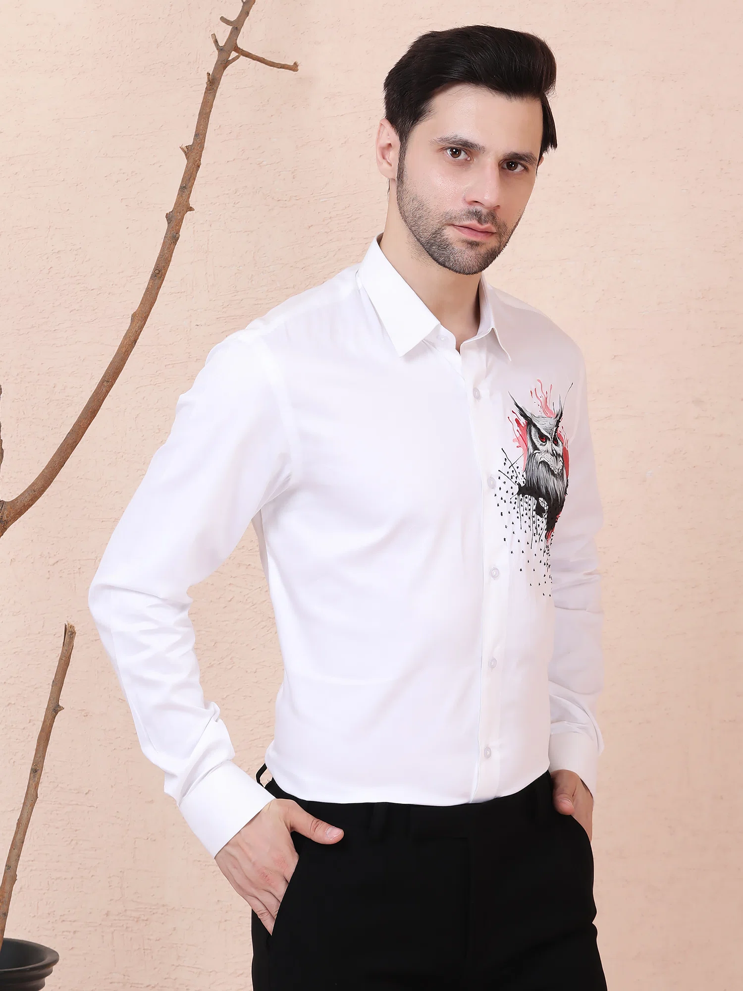 MYSTIC OWL – HANDPAINTED DESIGNER SHIRT – WHITE