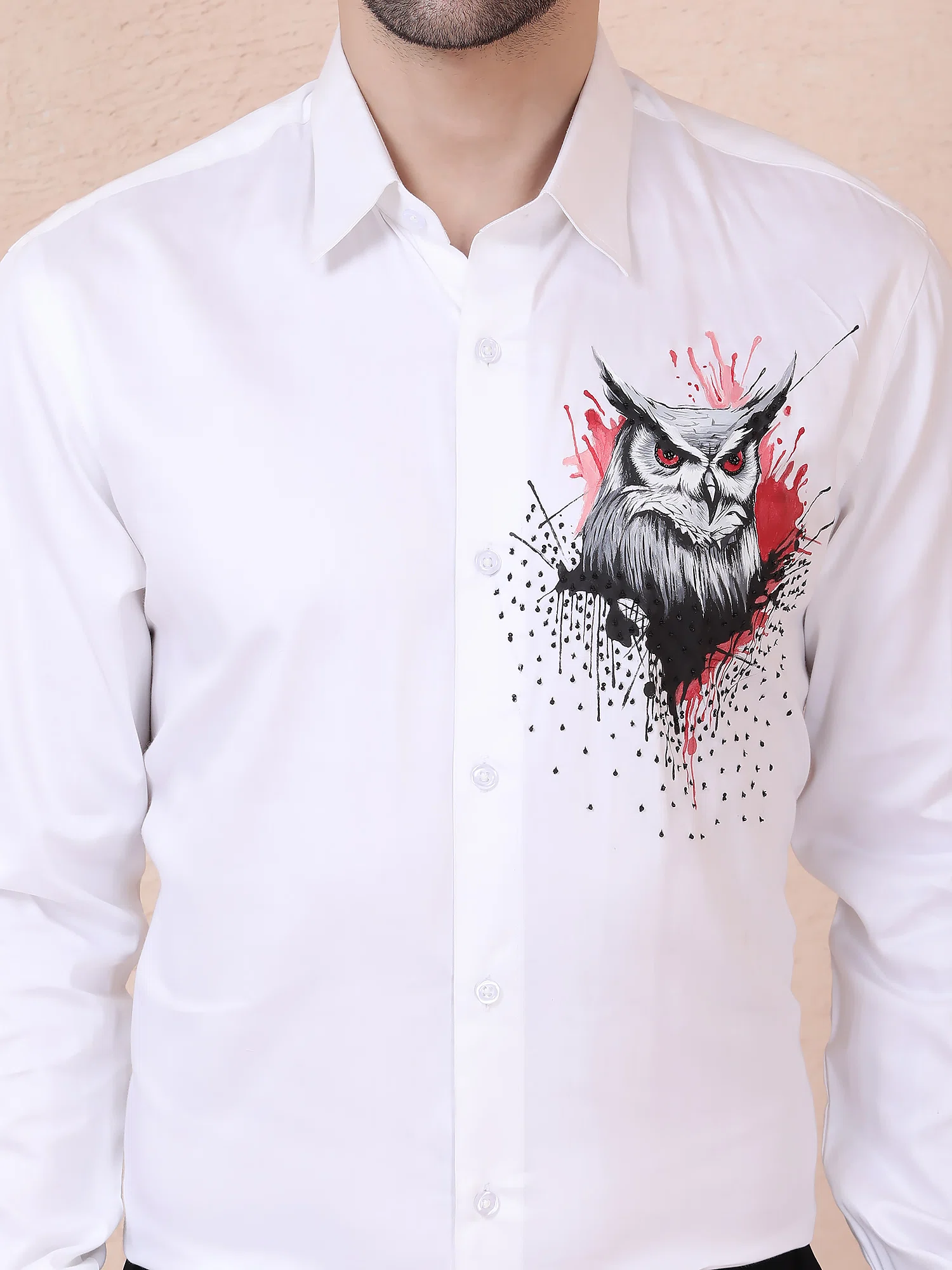 MYSTIC OWL – HANDPAINTED DESIGNER SHIRT – WHITE