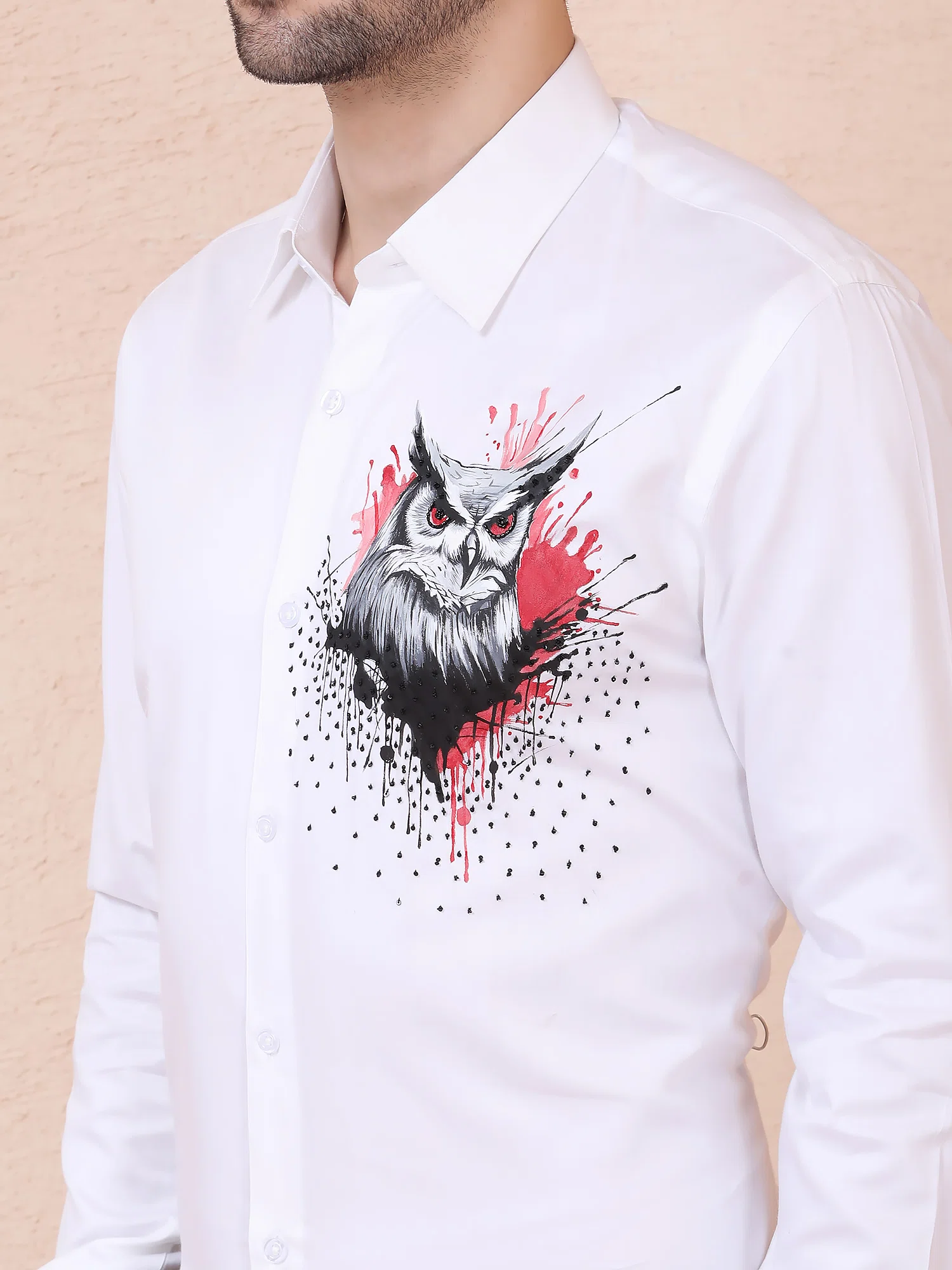 MYSTIC OWL – HANDPAINTED DESIGNER SHIRT – WHITE