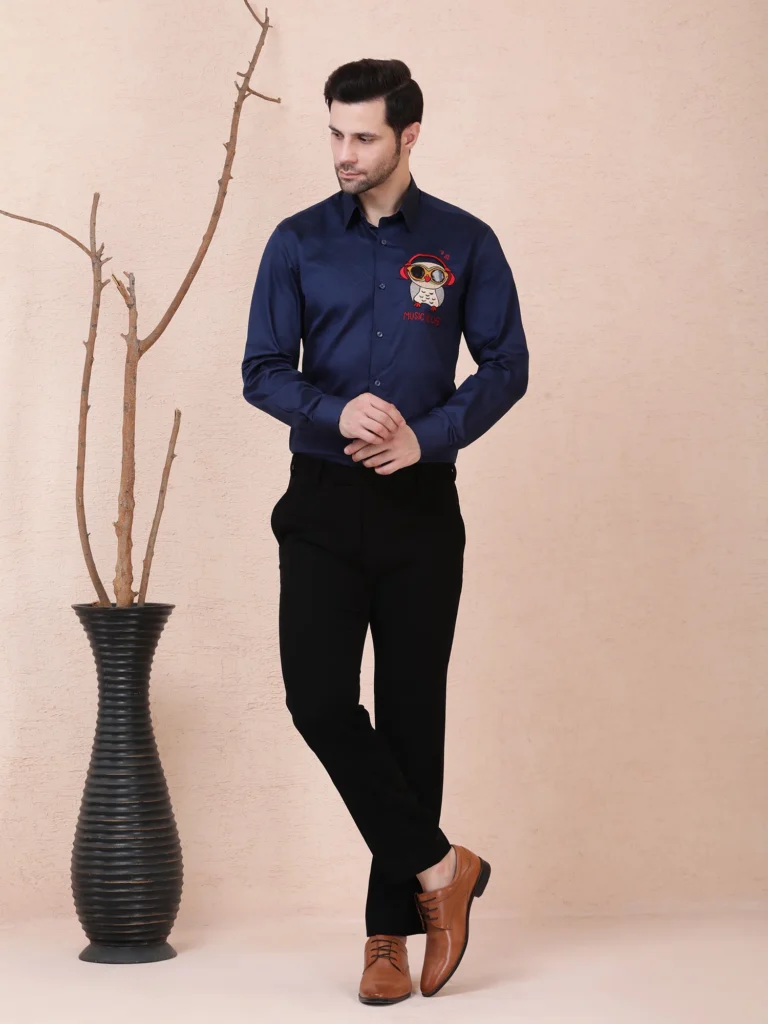 MUSIC IS LIFE (OWL) DESIGNER SHIRT – NAVY BLUE