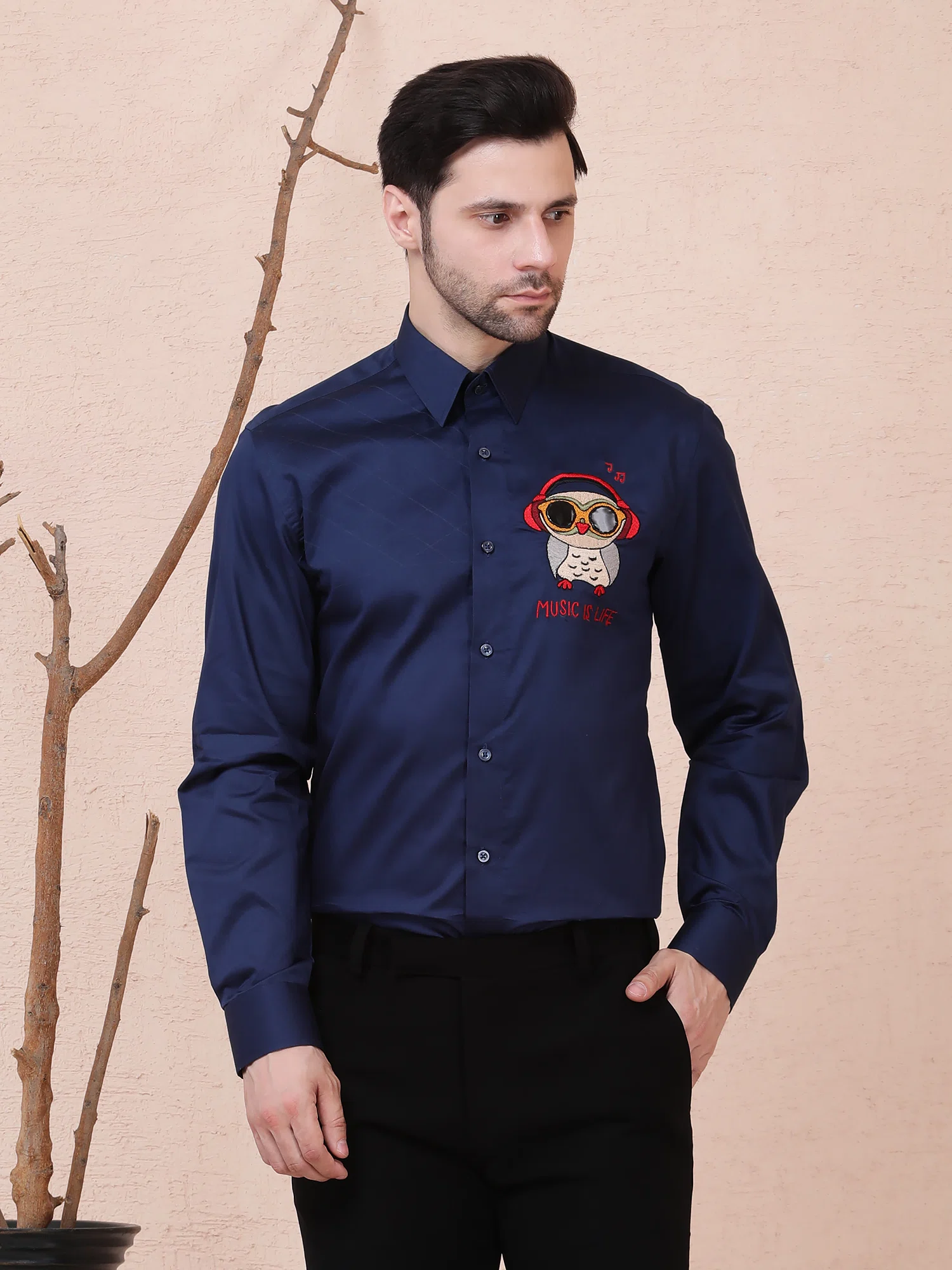 MUSIC IS LIFE (OWL) DESIGNER SHIRT – NAVY BLUE