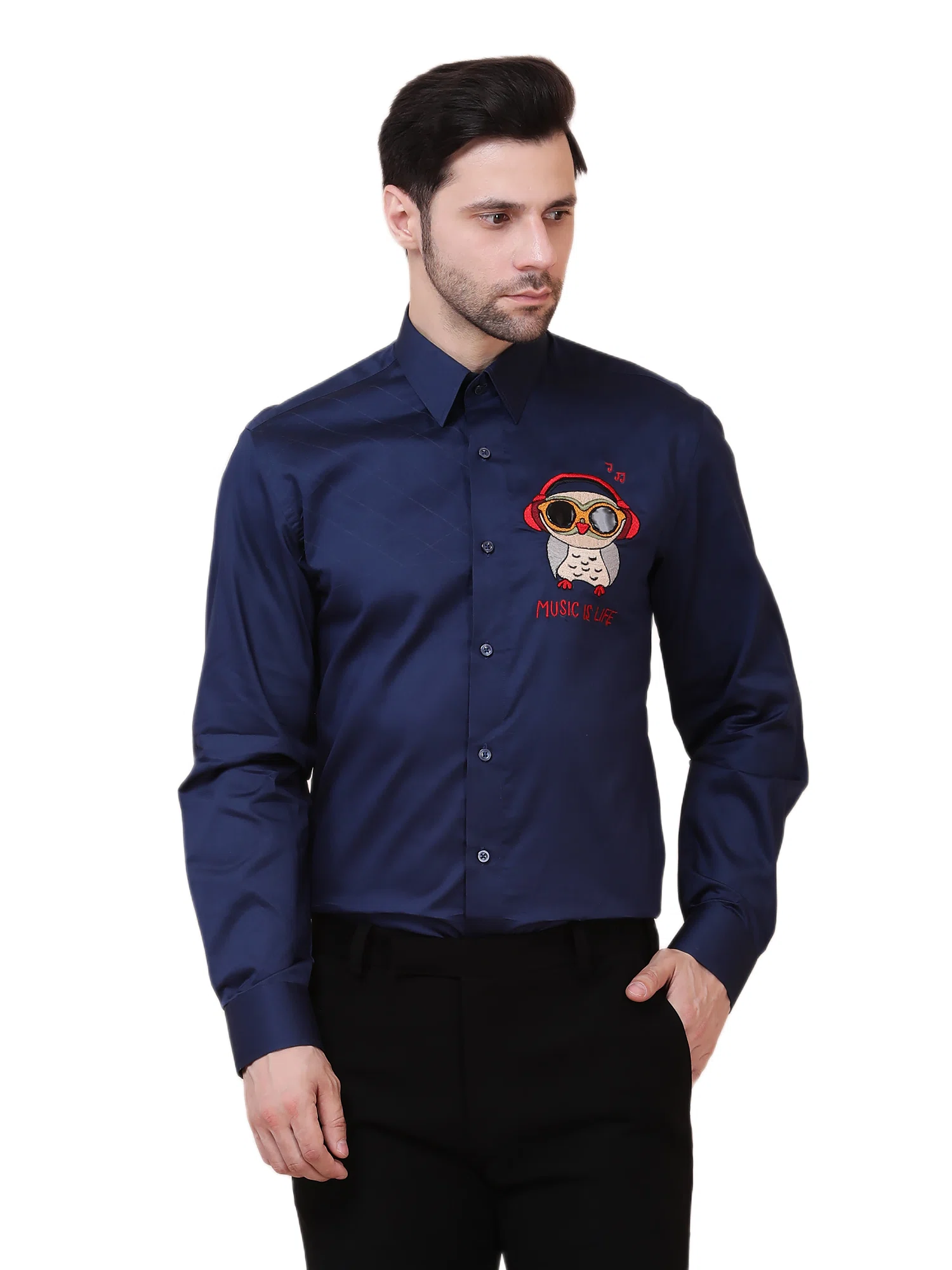 MUSIC IS LIFE (OWL) DESIGNER SHIRT – NAVY BLUE