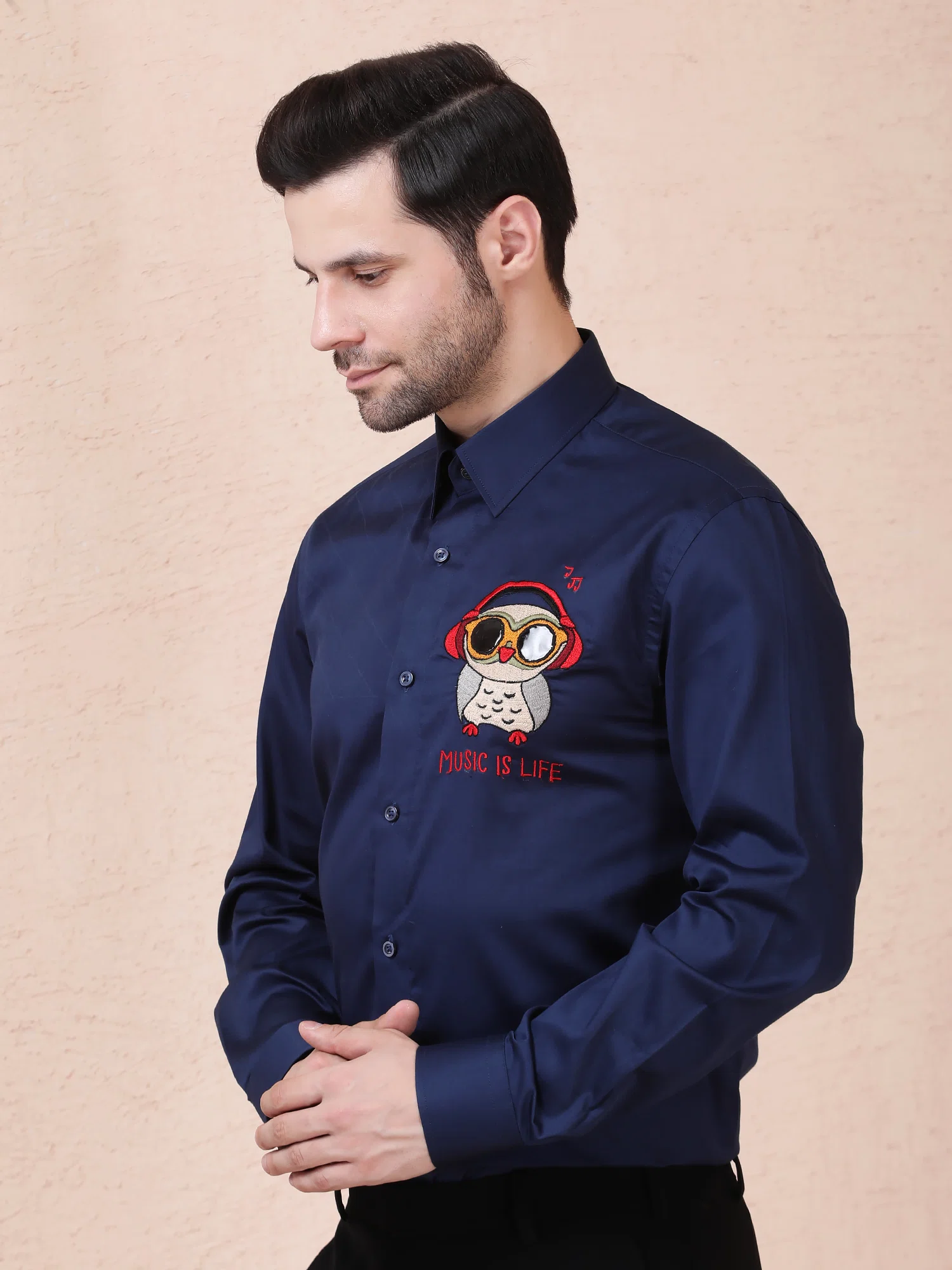 MUSIC IS LIFE (OWL) DESIGNER SHIRT – NAVY BLUE