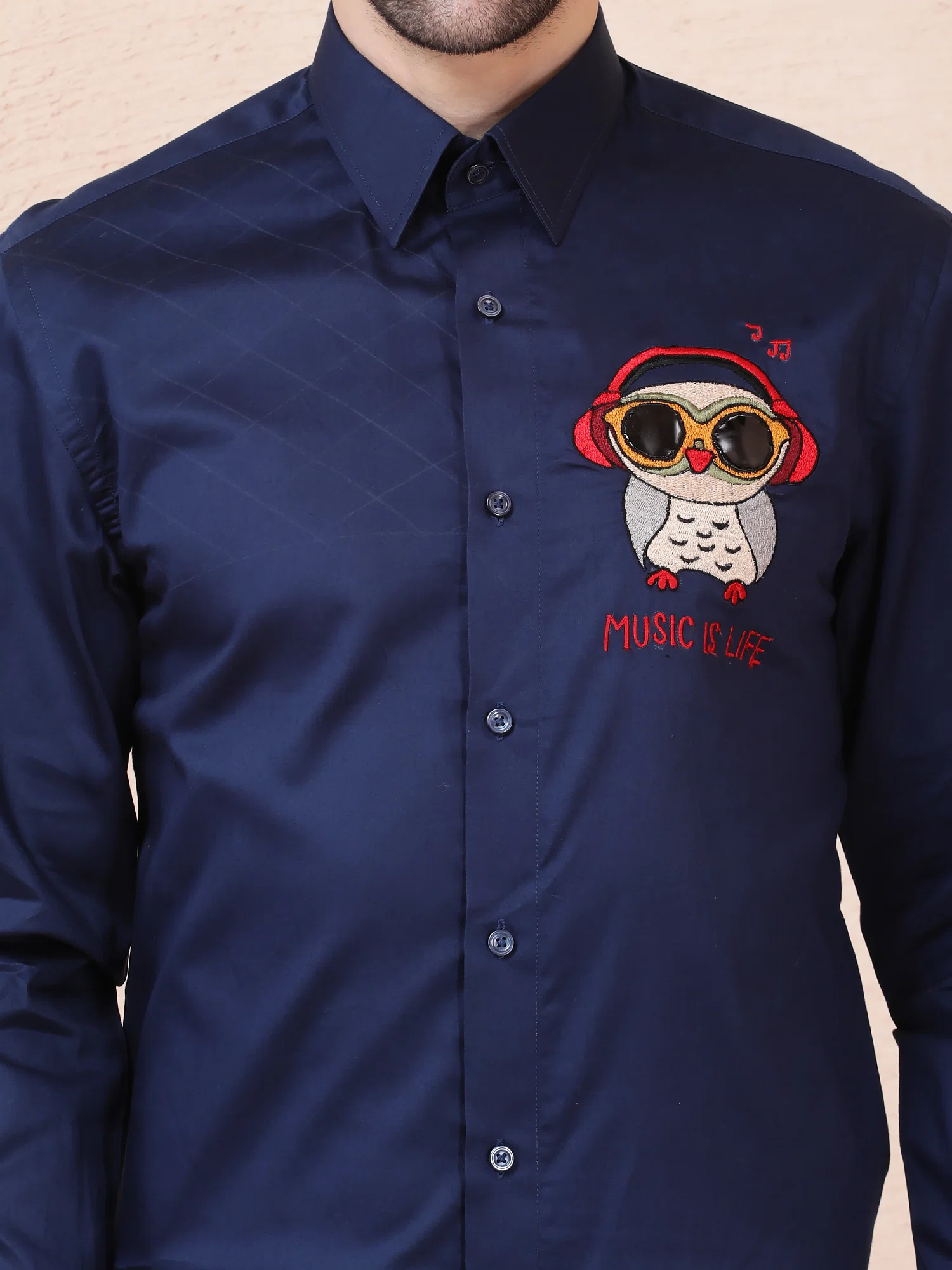 MUSIC IS LIFE (OWL) DESIGNER SHIRT – NAVY BLUE