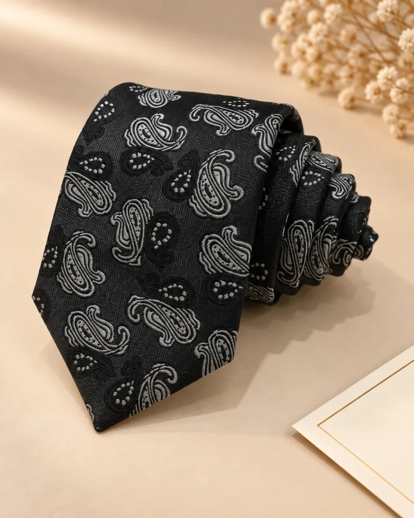 Onyx Silver Paisley Designer Tie & Pocket Square Set