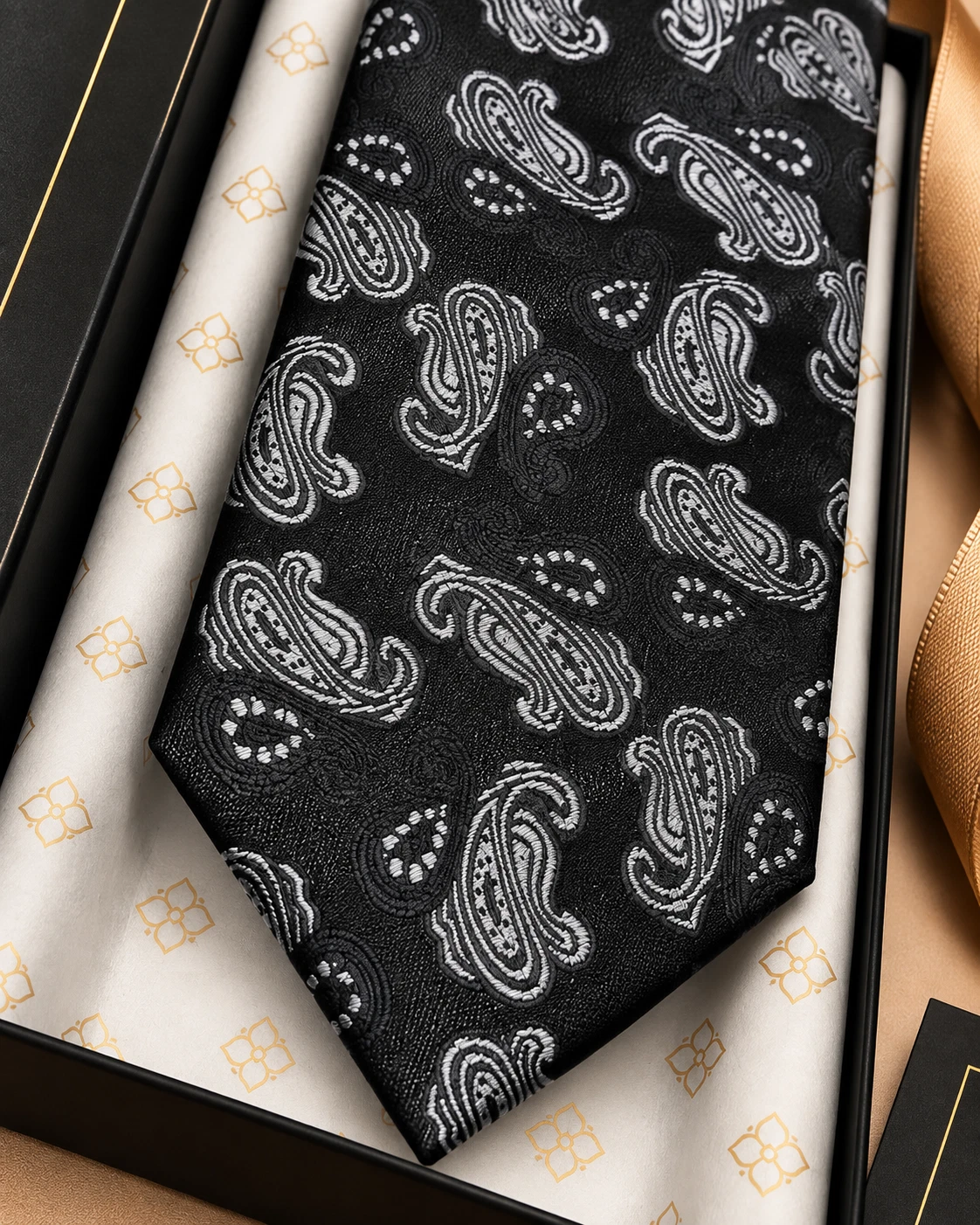 Onyx Silver Paisley Designer Tie & Pocket Square Set
