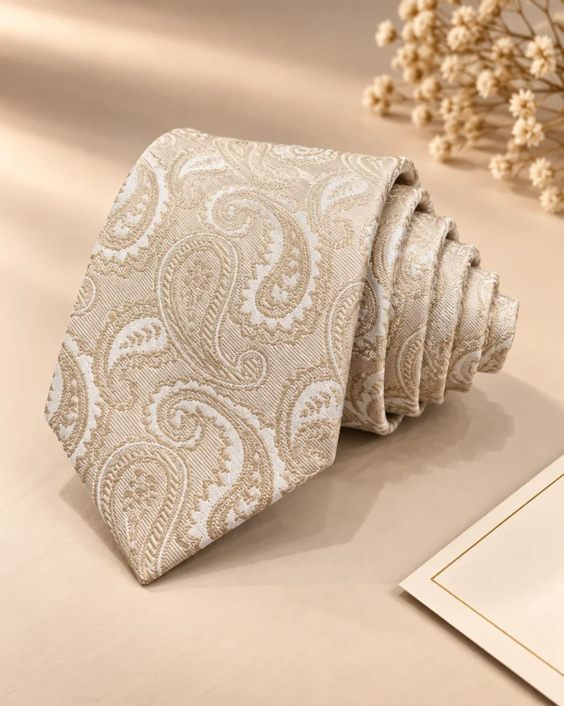 Ivory Paisley Designer Tie & Pocket Square Set