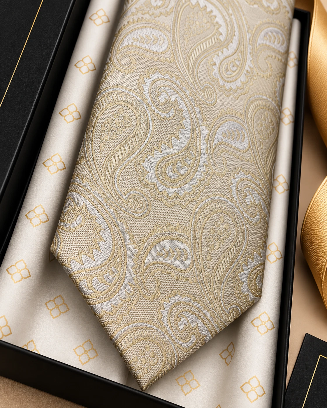Ivory Paisley Designer Tie & Pocket Square Set