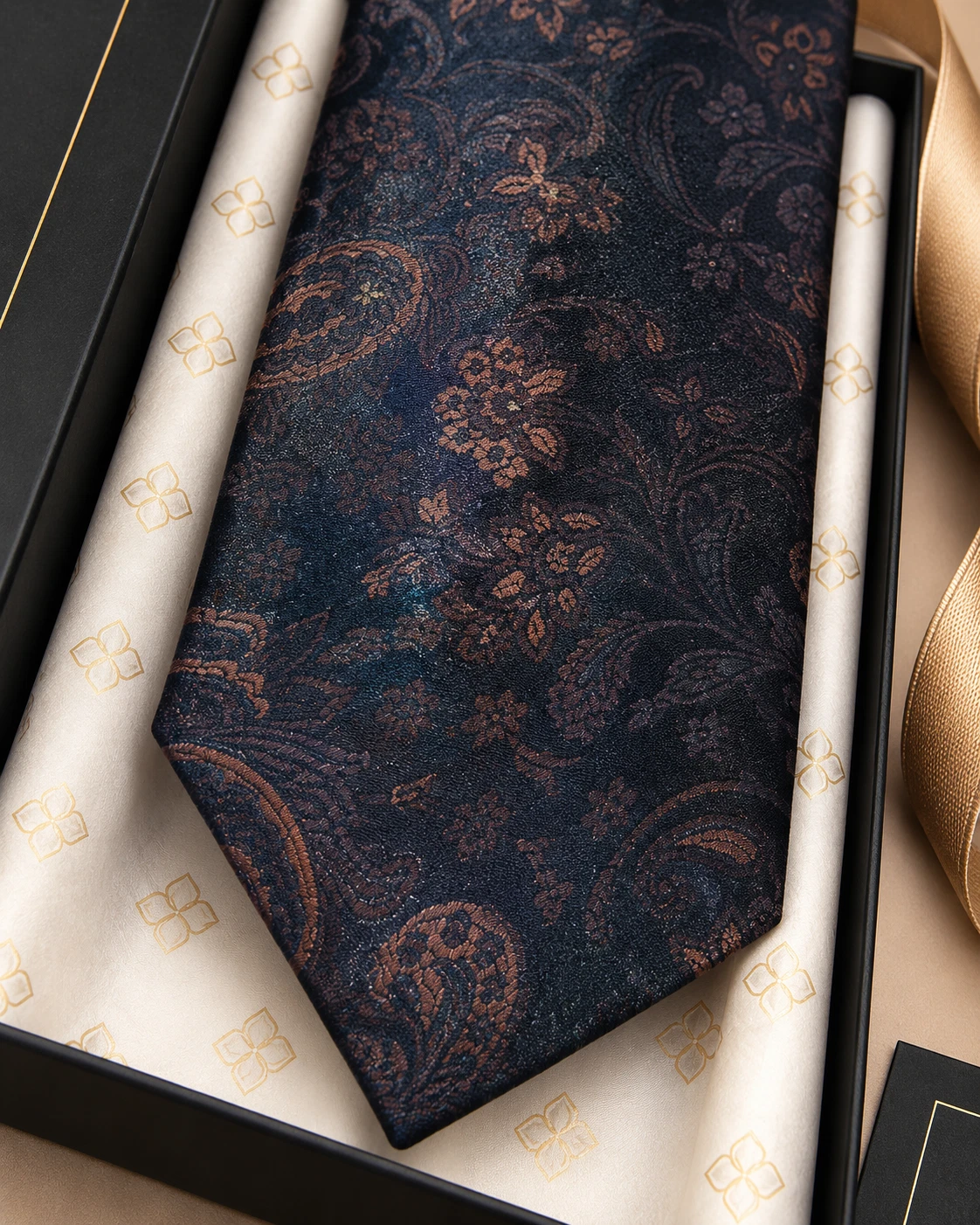 Navy Copper Paisley Designer Tie & Pocket Square Set