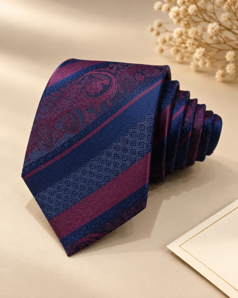 Plum Navy Stripe Designer Tie & Pocket Square Set