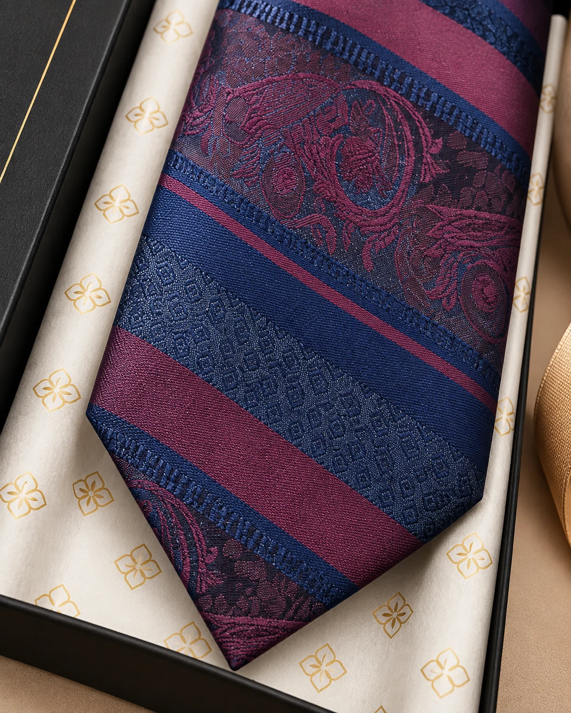 Plum Navy Stripe Designer Tie & Pocket Square Set
