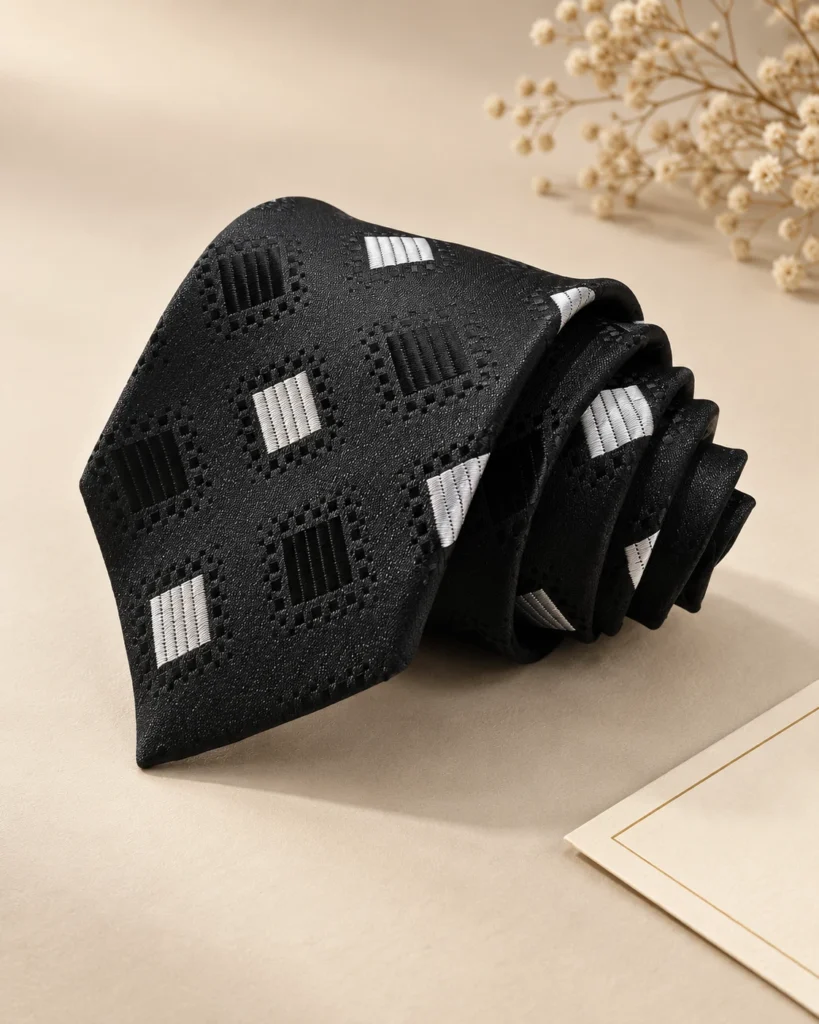 Black Silver Square Designer Tie & Pocket Square Set