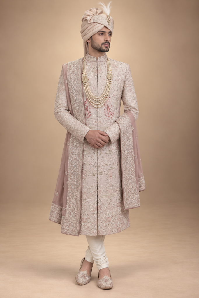 The Mehran Blush Rose Hand-Embroidered Groom Sherwani Set