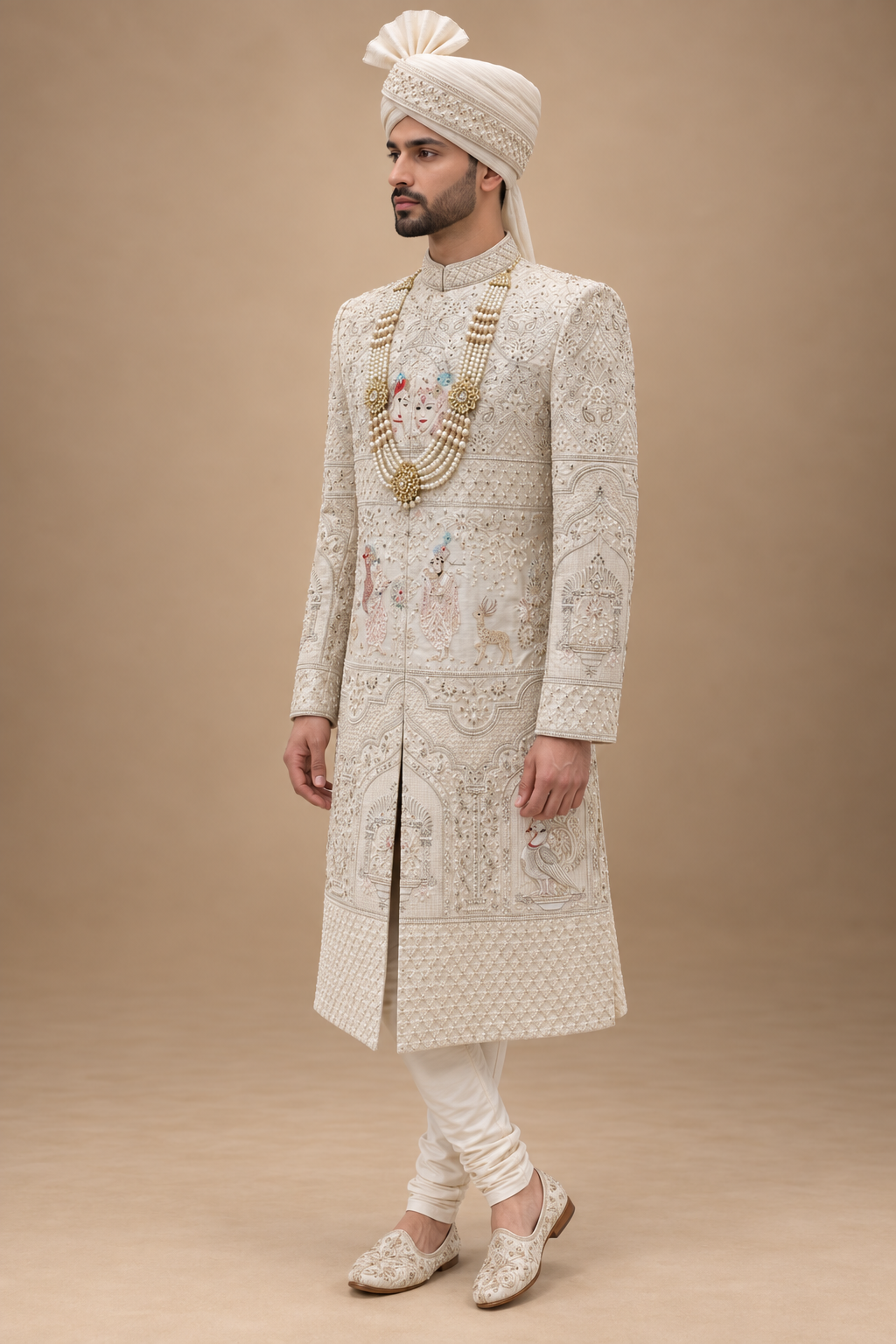The Rajveer Ivory Heritage Hand-Embroidered Groom Sherwani Set