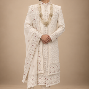 The Aariz Ivory & Ruby Hand-Embroidered Royal Sherwani Set