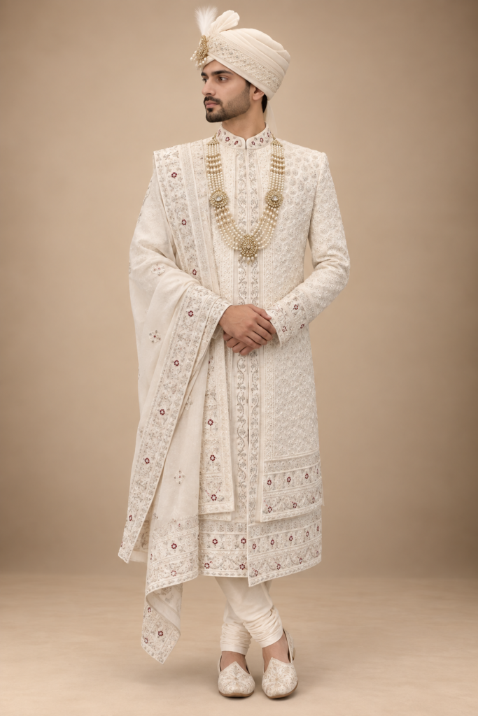 The Aariz Ivory & Ruby Hand-Embroidered Royal Sherwani Set