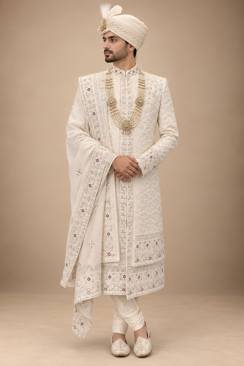 The Aariz Ivory & Ruby Hand-Embroidered Royal Sherwani Set
