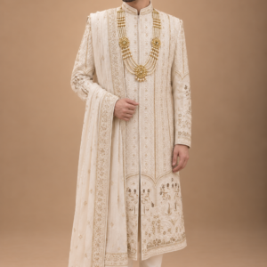 The Devraj Ivory Heritage Hand-Embroidered Groom Sherwani Set