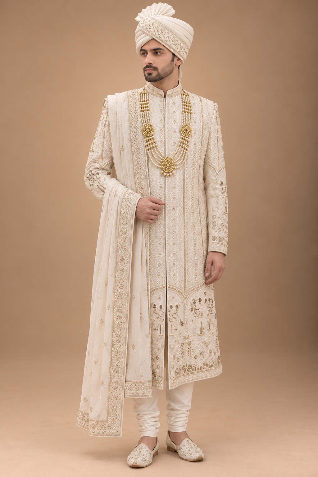 The Devraj Ivory Heritage Hand-Embroidered Groom Sherwani Set
