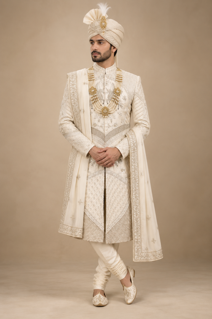 The Aviraj Ivory Hand-Embroidered Royal Groom Sherwani Set