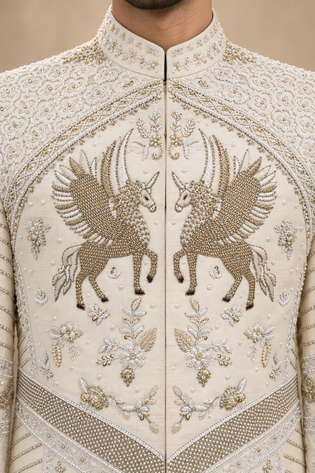 The Aviraj Ivory Hand-Embroidered Royal Groom Sherwani Set