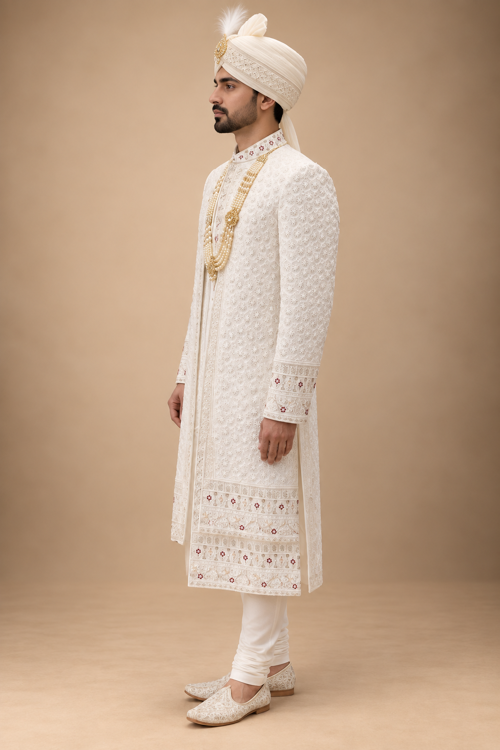 The Aariz Ivory & Ruby Hand-Embroidered Royal Sherwani Set
