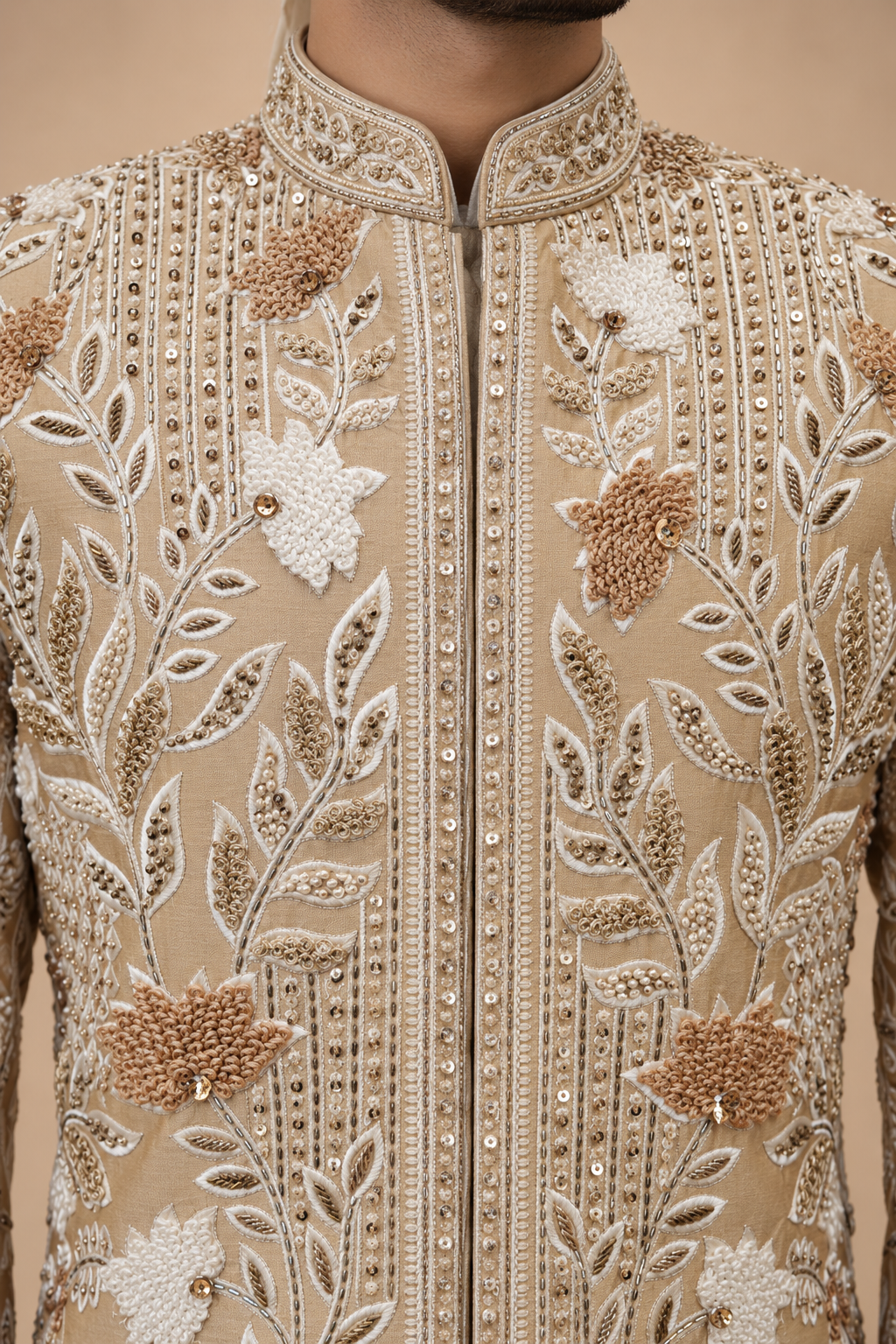 The Zavian Champagne Hand-Embroidered Royal Sherwani Set