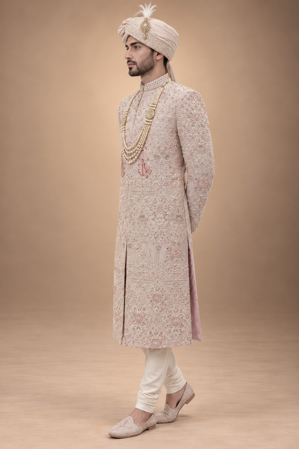The Mehran Blush Rose Hand-Embroidered Groom Sherwani Set