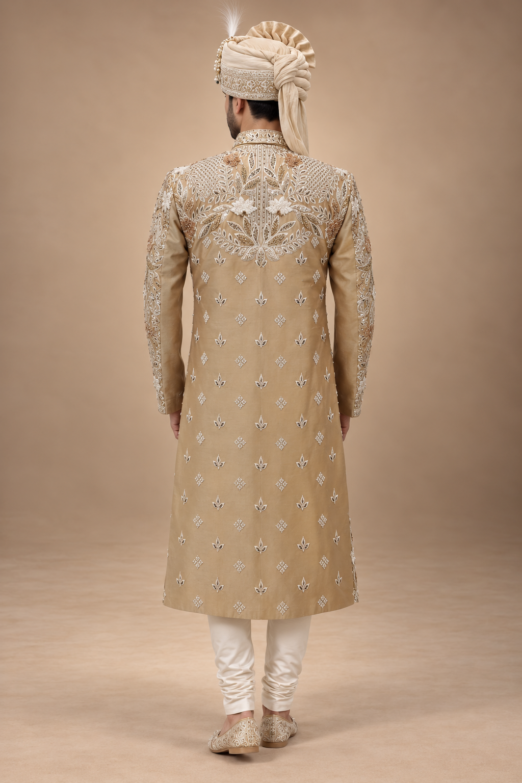The Zavian Champagne Hand-Embroidered Royal Sherwani Set